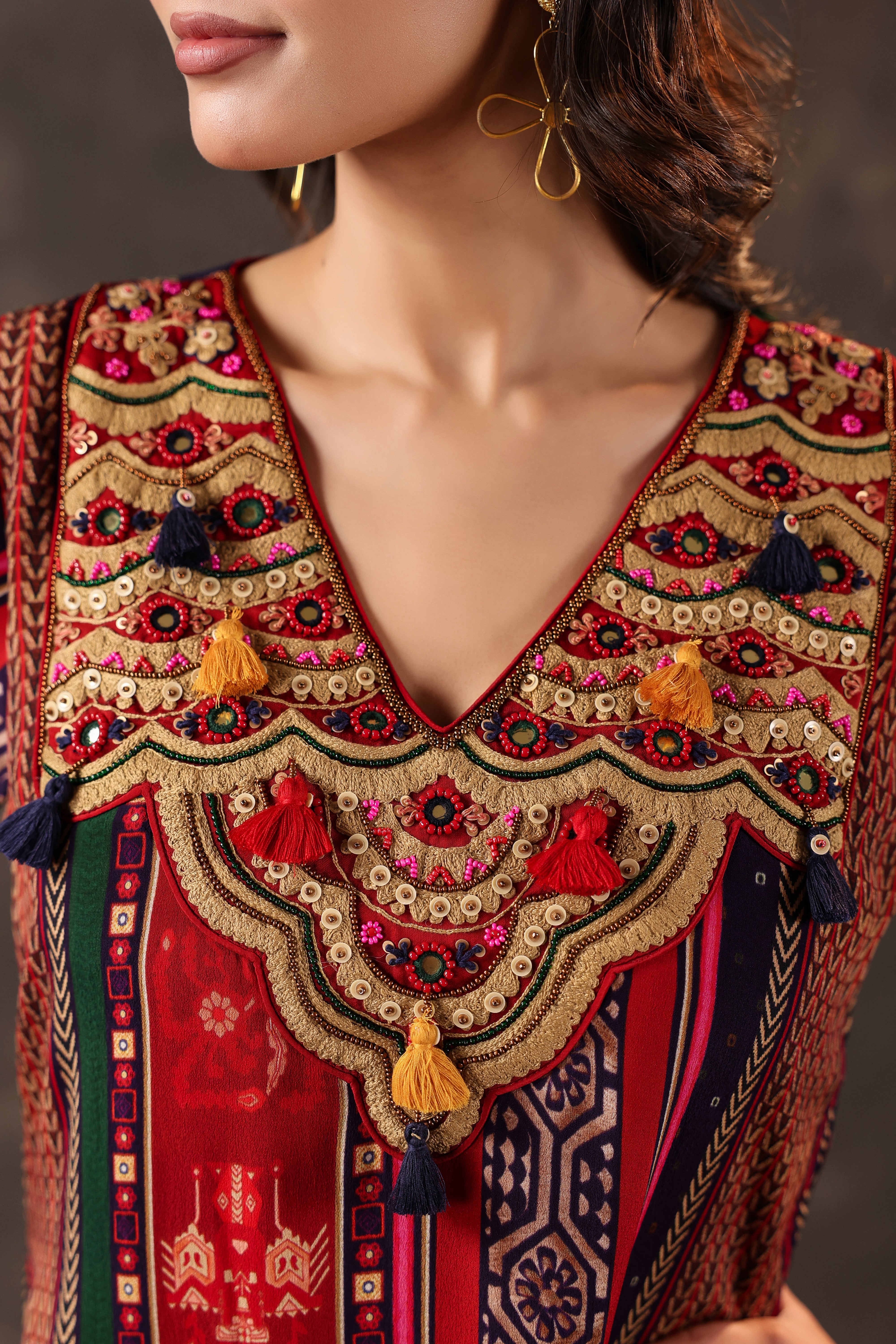 Garnet Tribal Printed Crepe Silk Dhoti Set