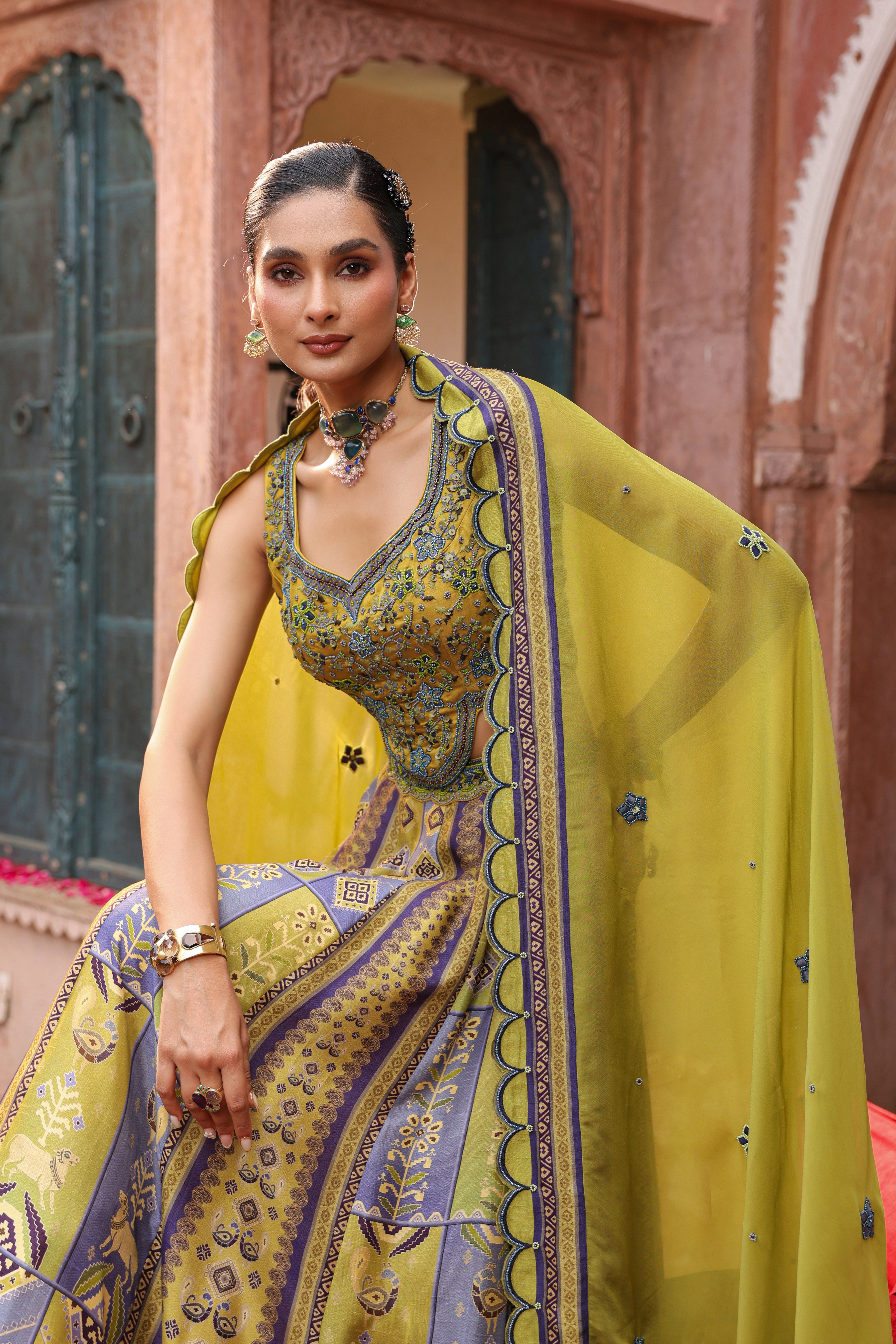 Mehendi Green Embellished Raw Silk Lehenga Set