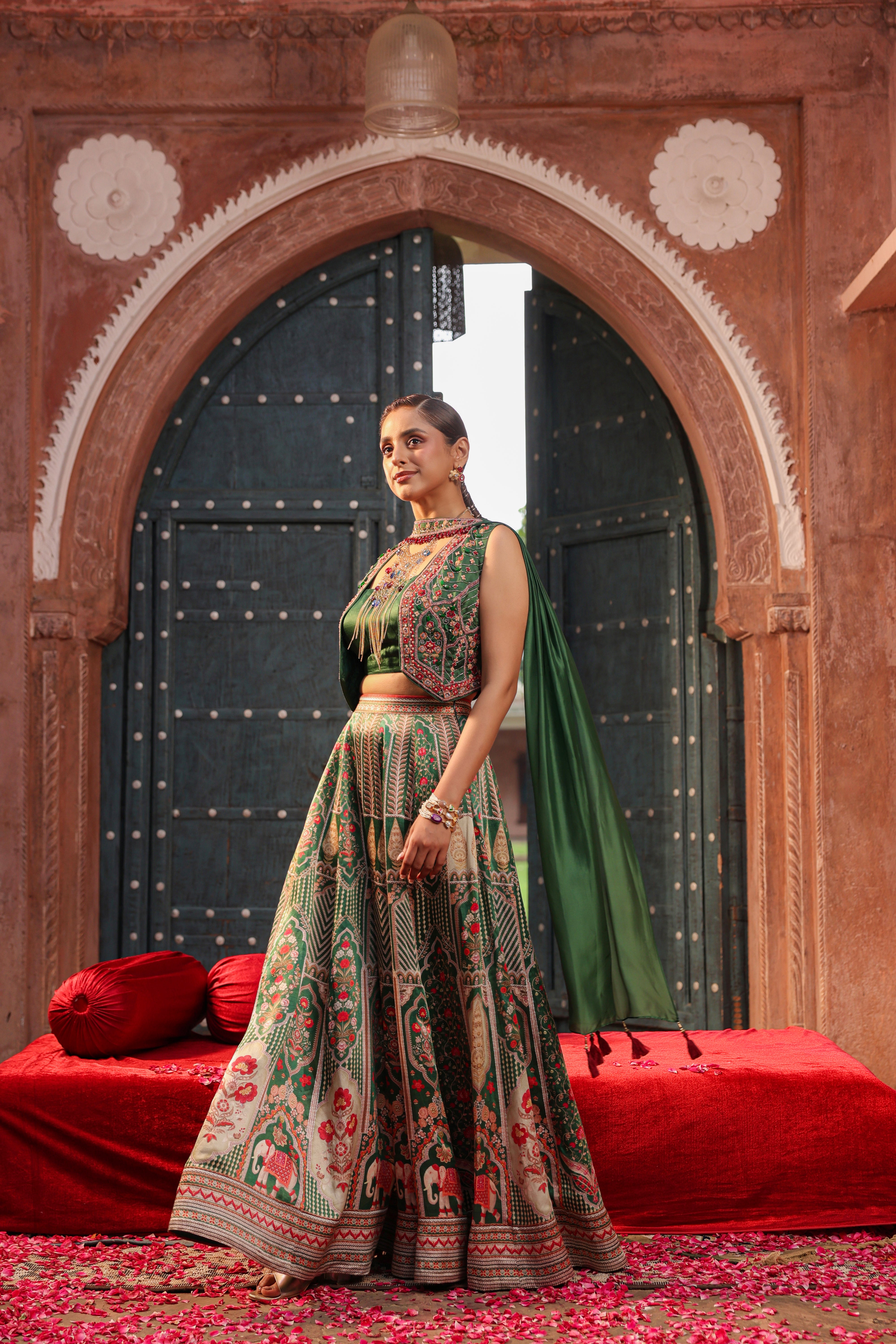 Deep Green Embellished Raw Silk Palazzo Set