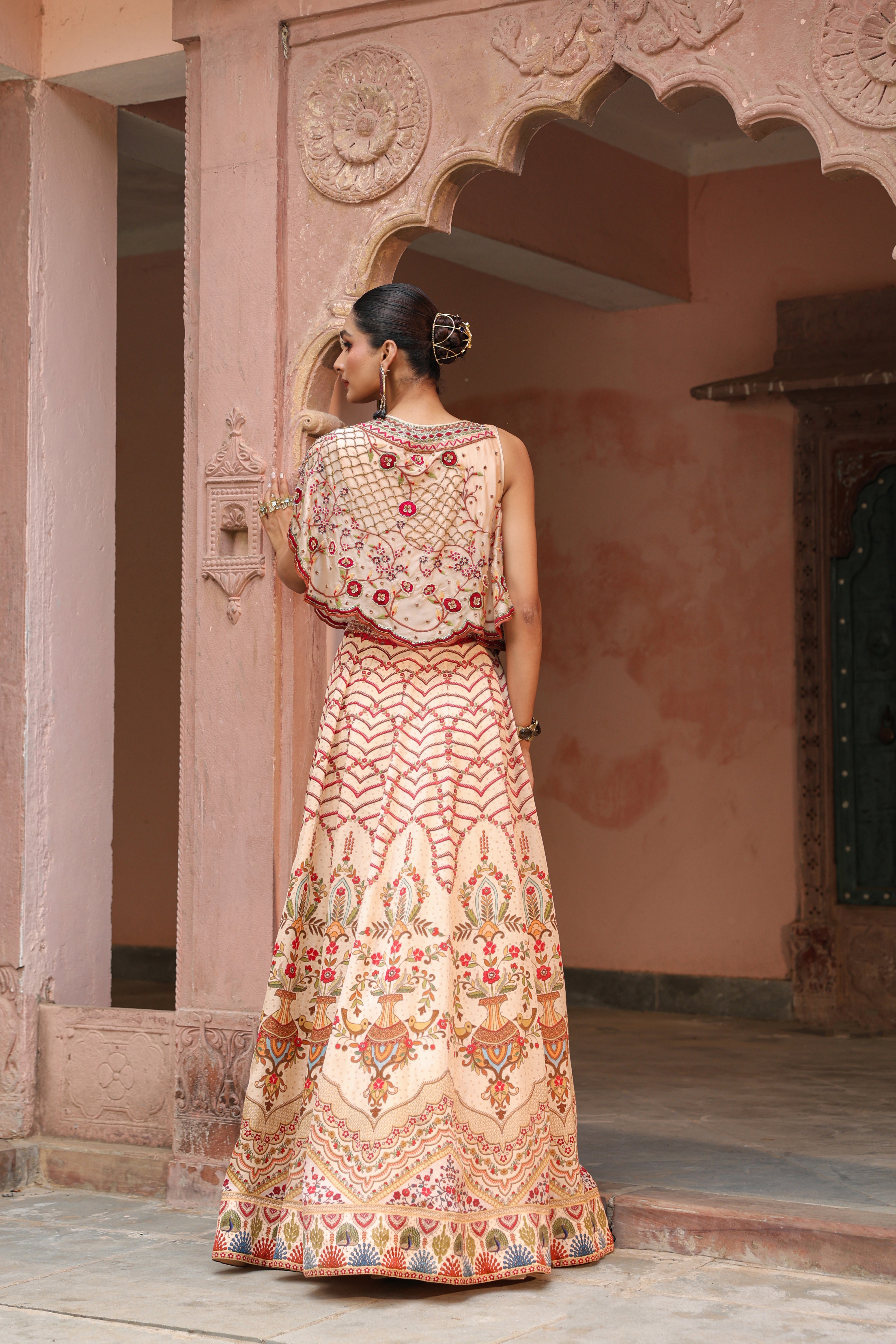 Soft Beige Embellished Satin Silk Cape Lehenga Set