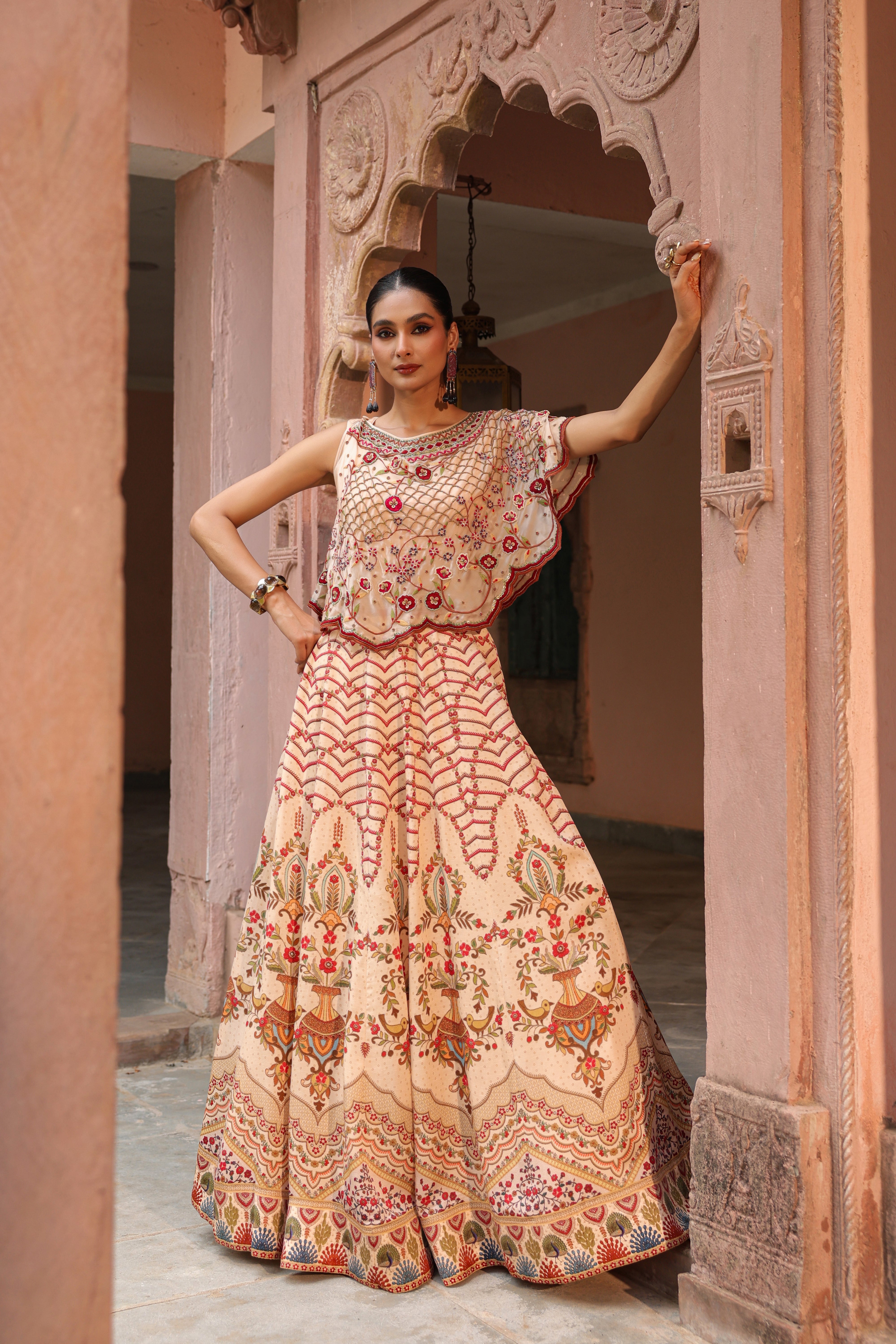 Soft Beige Embellished Satin Silk Cape Lehenga Set