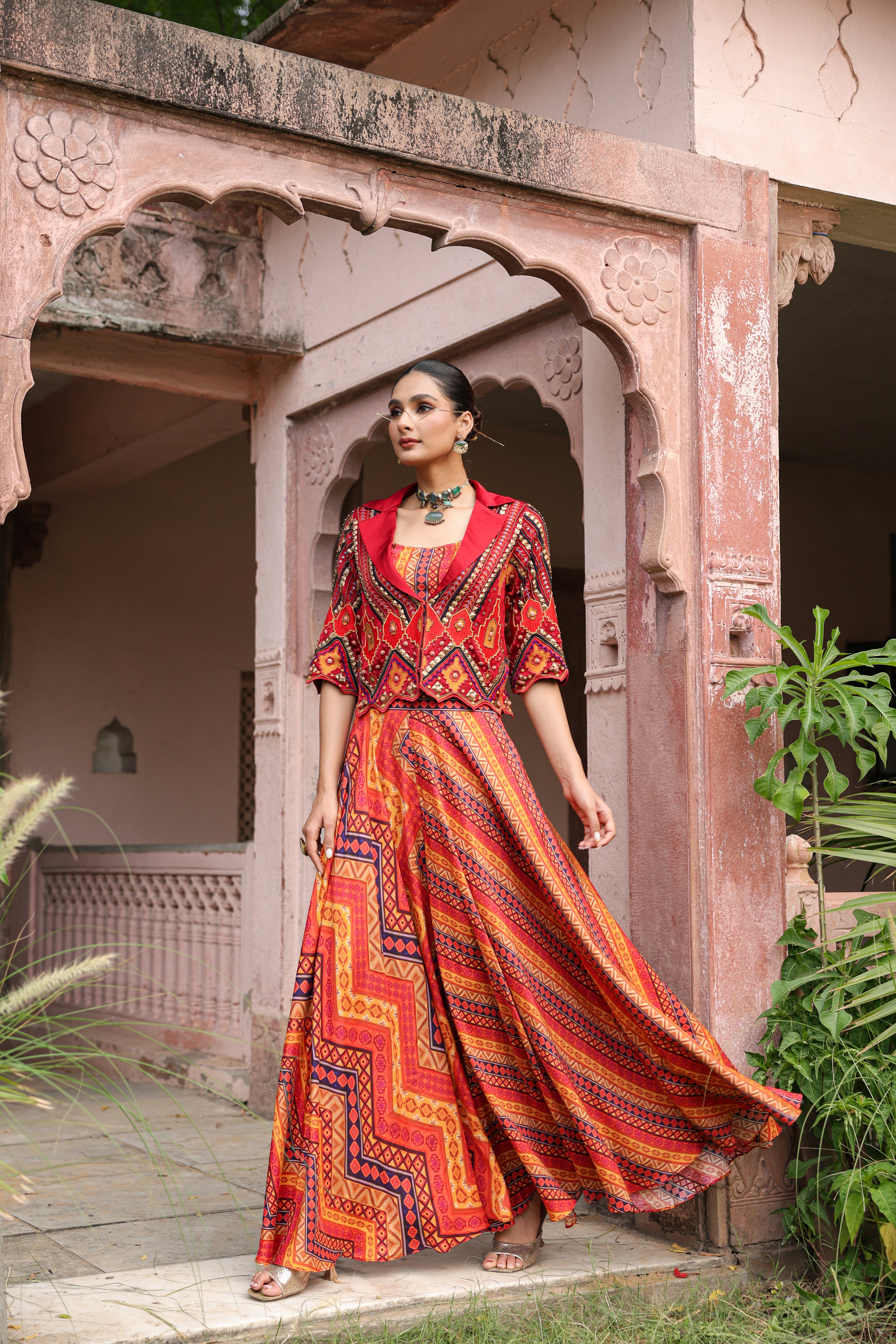 Sunburnt Orange Embellished Raw Silk Palazzo Set