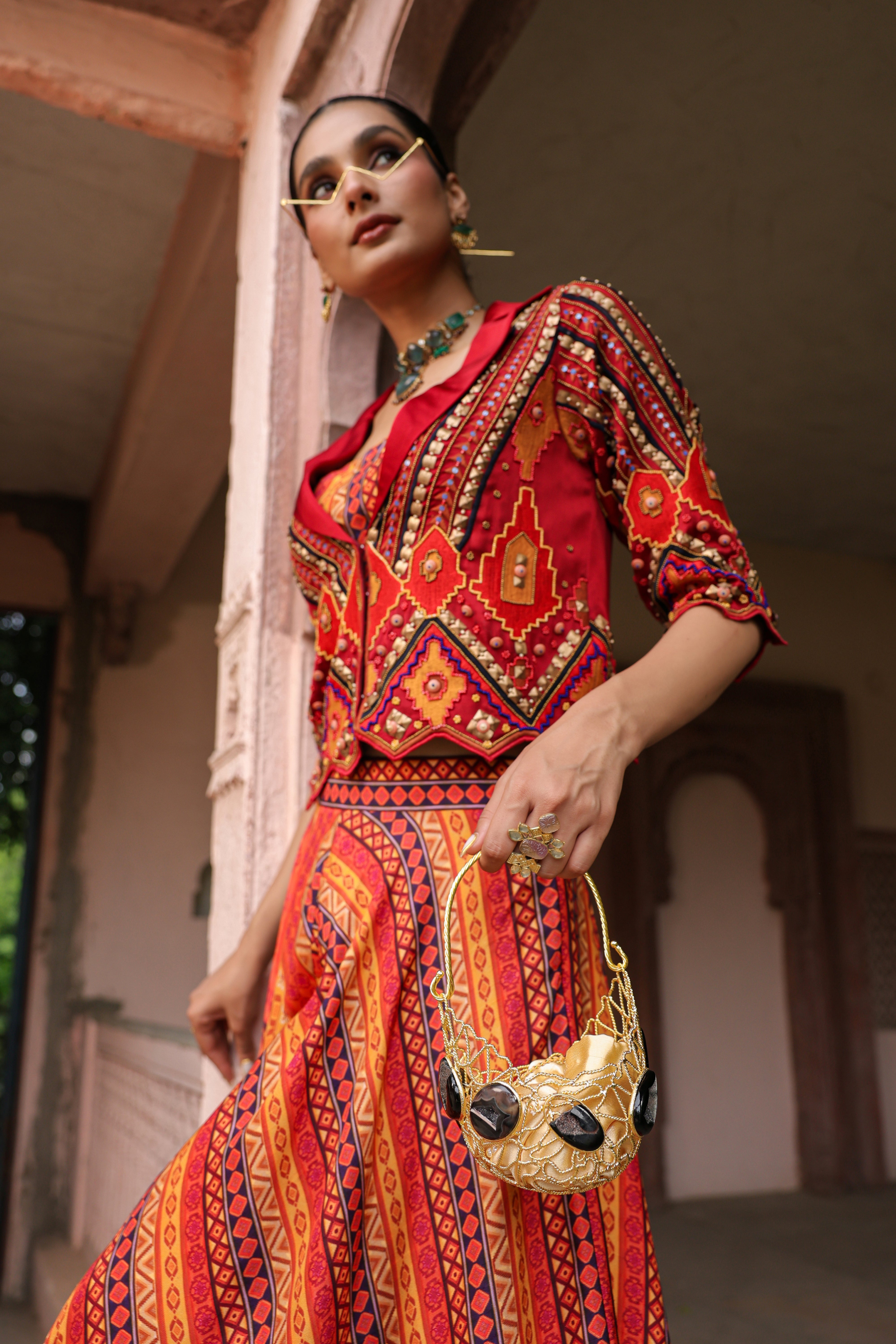 Sunburnt Orange Embellished Raw Silk Palazzo Set