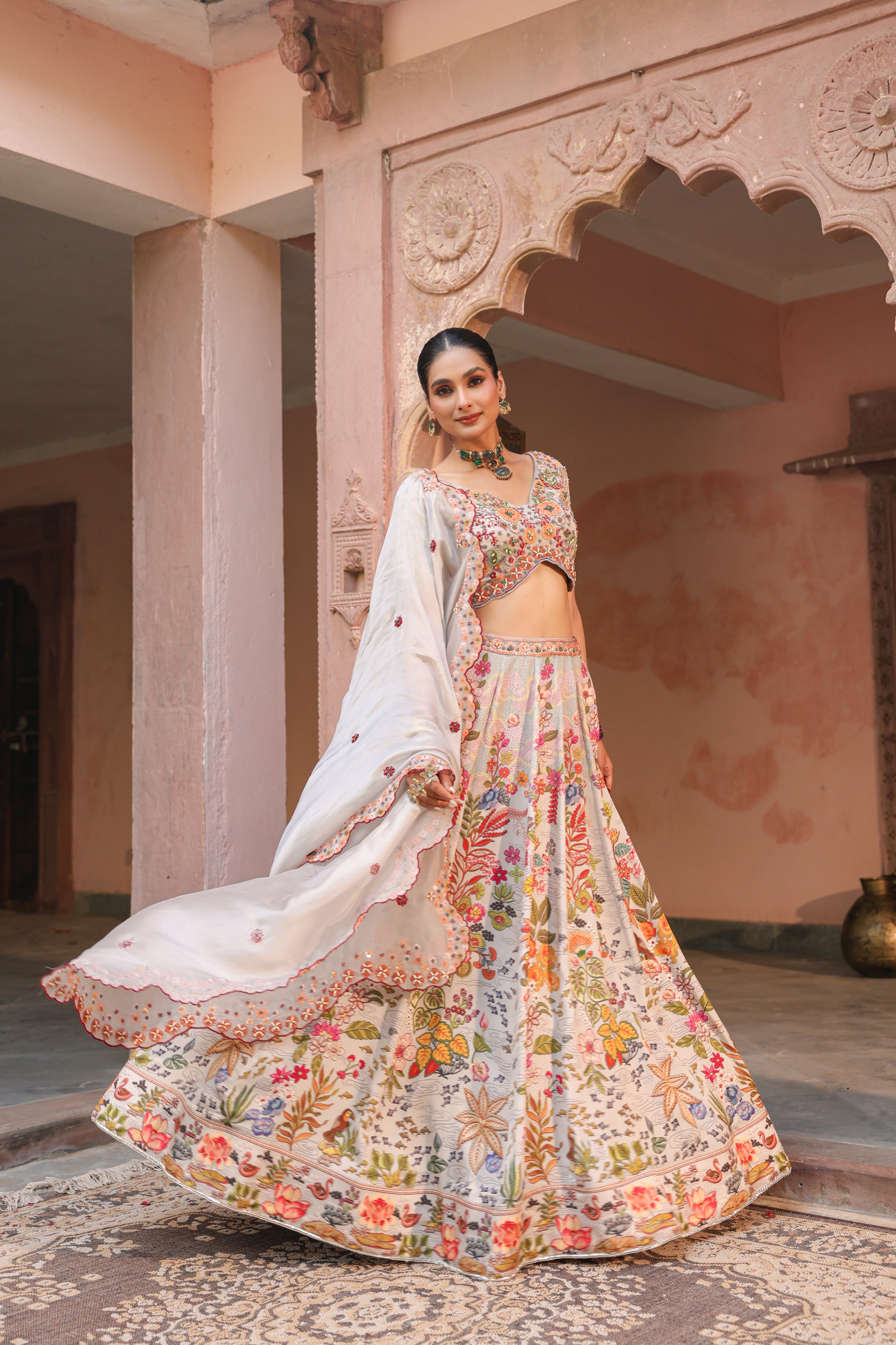 Cloud Grey Embellished Satin Silk Lehenga Set