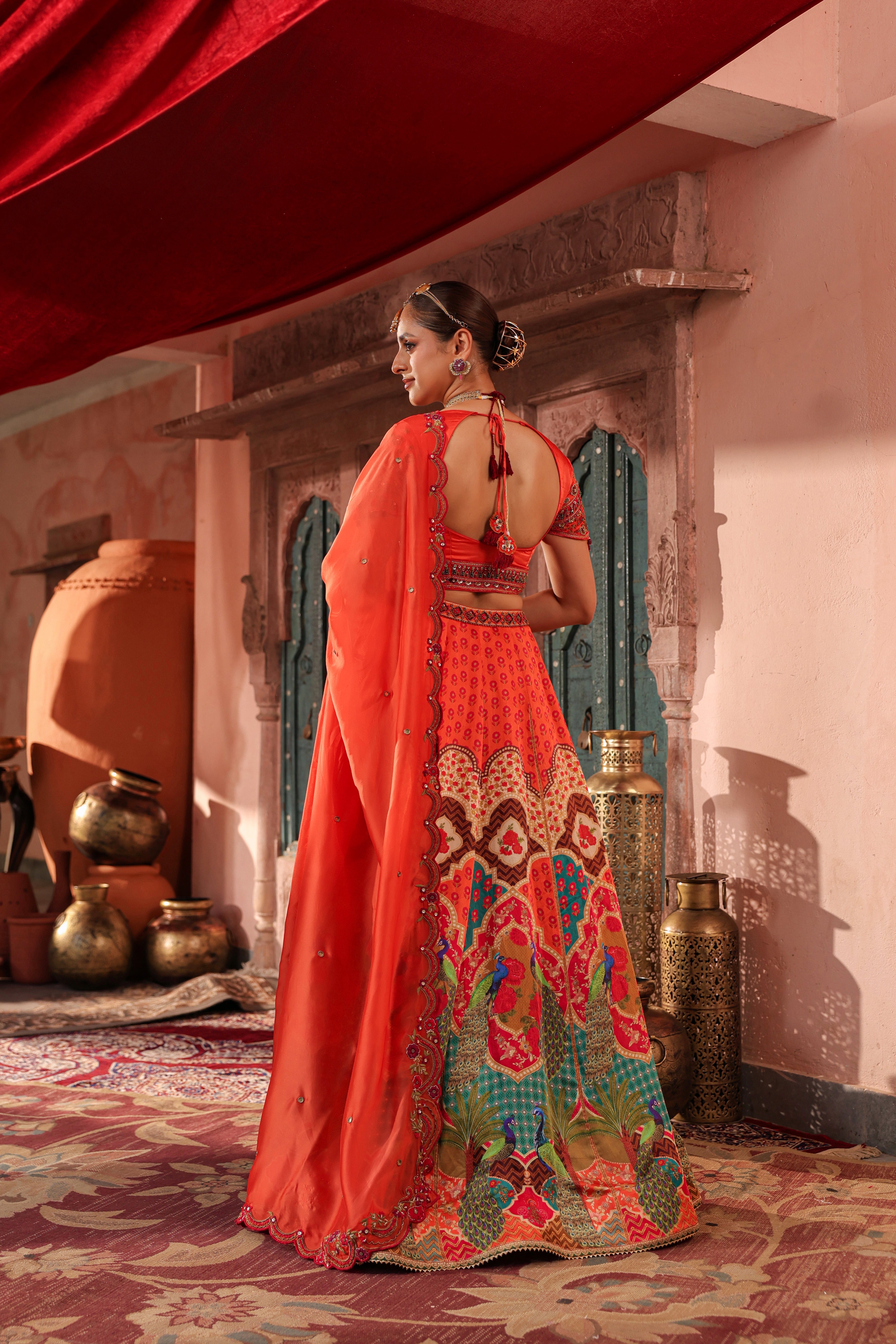 Sunset Orange Embellished Satin Silk Lehenga Set