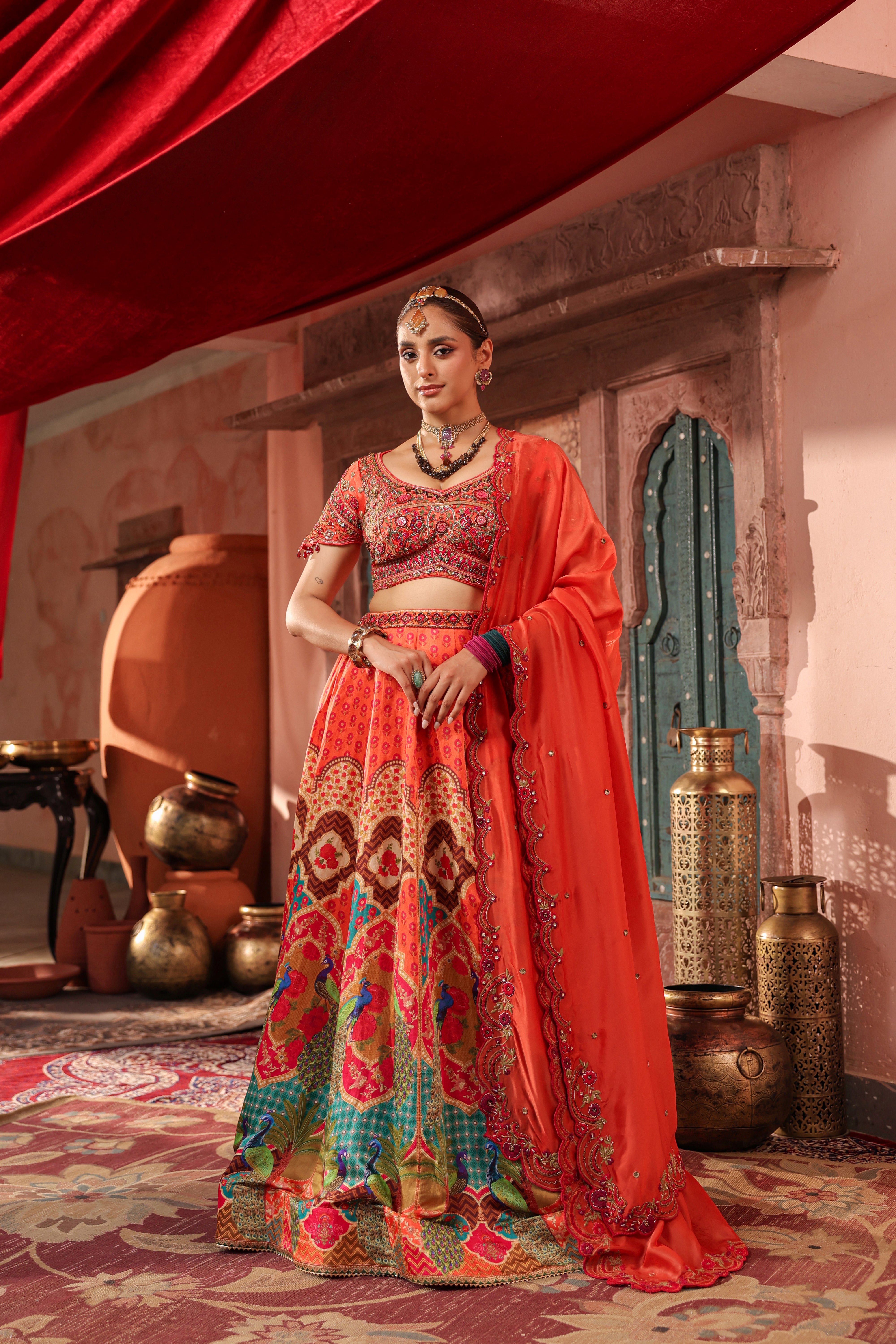 Sunset Orange Embellished Satin Silk Lehenga Set