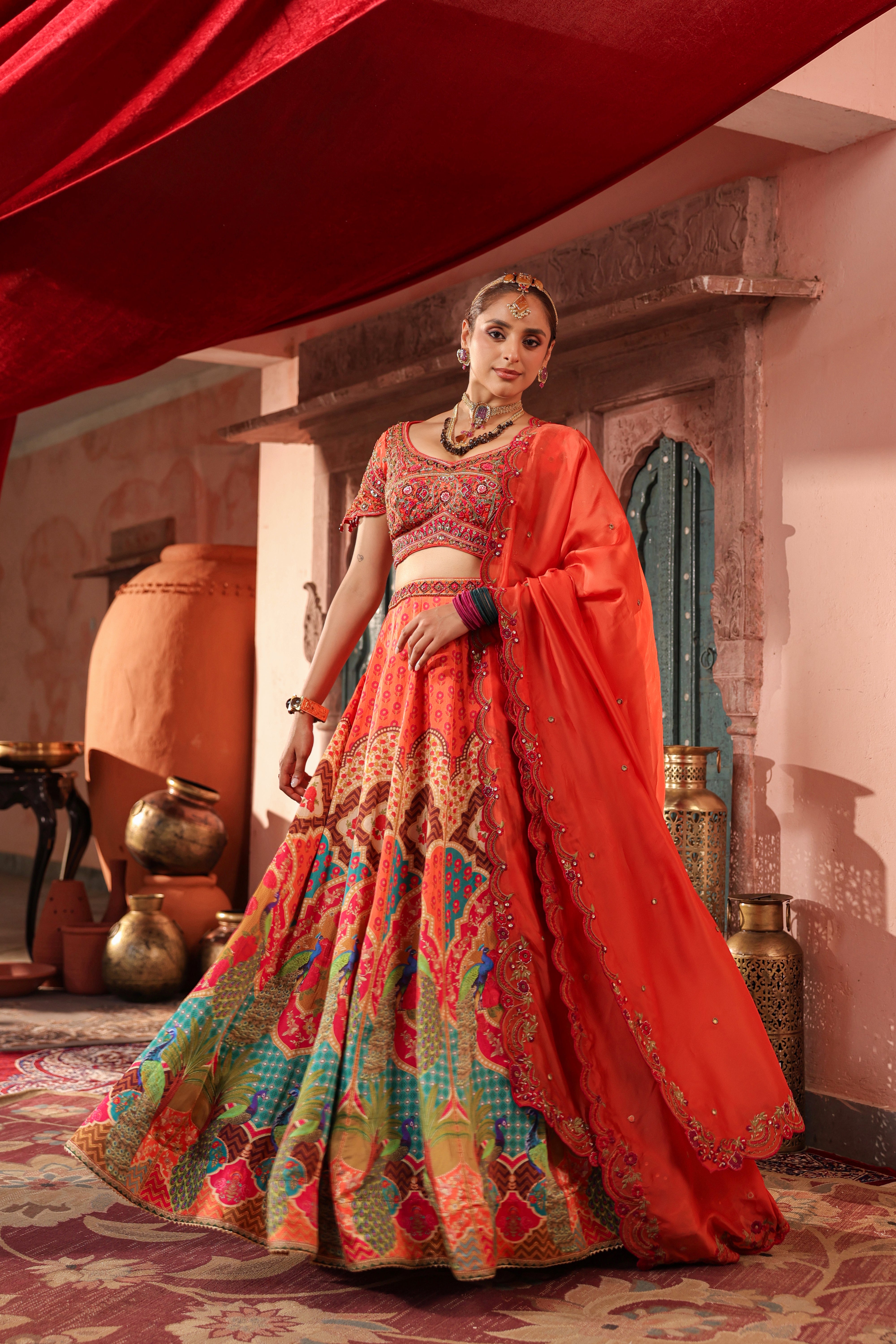 Sunset Orange Embellished Satin Silk Lehenga Set