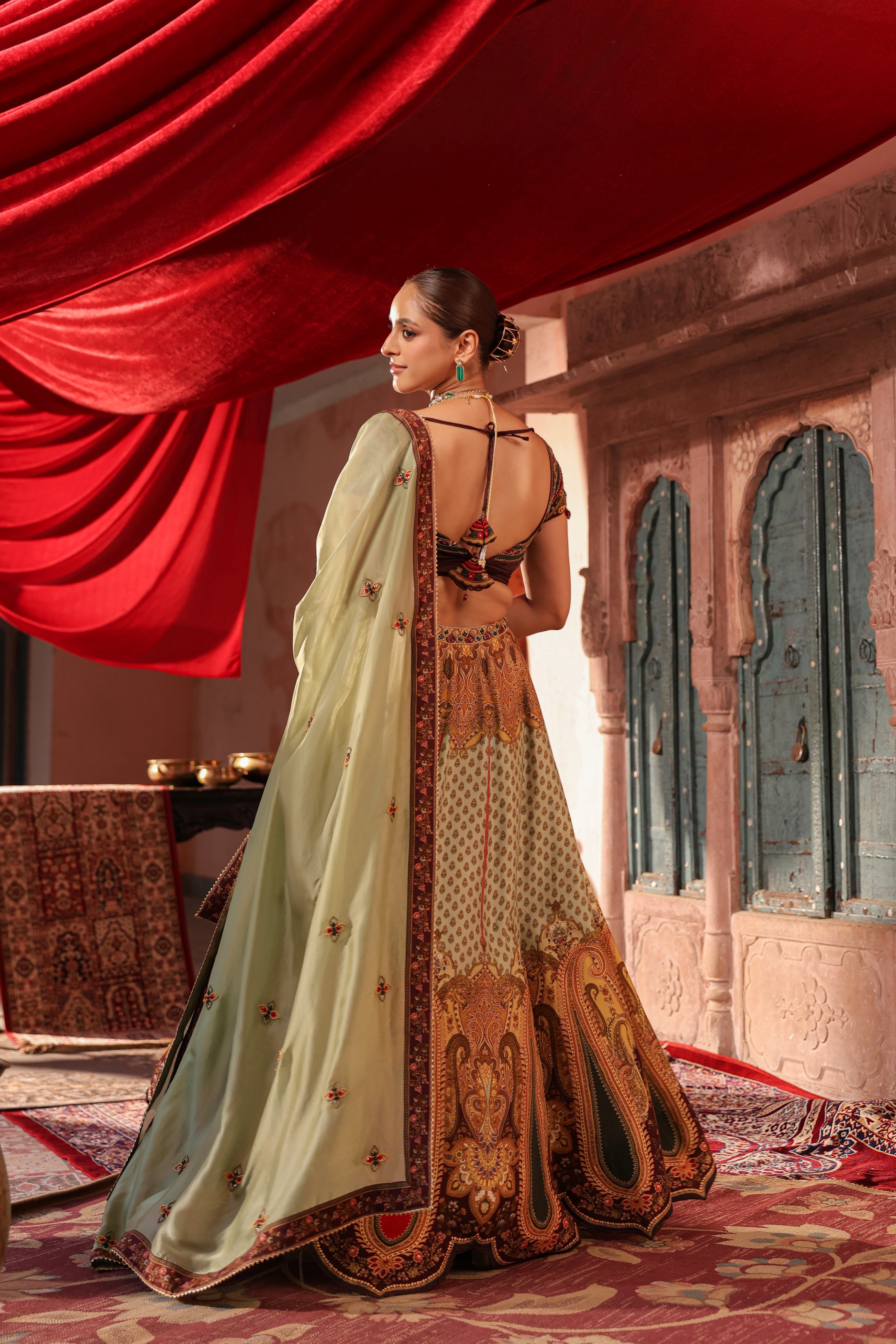 Sage Green Embellished Raw Silk Lehenga Set