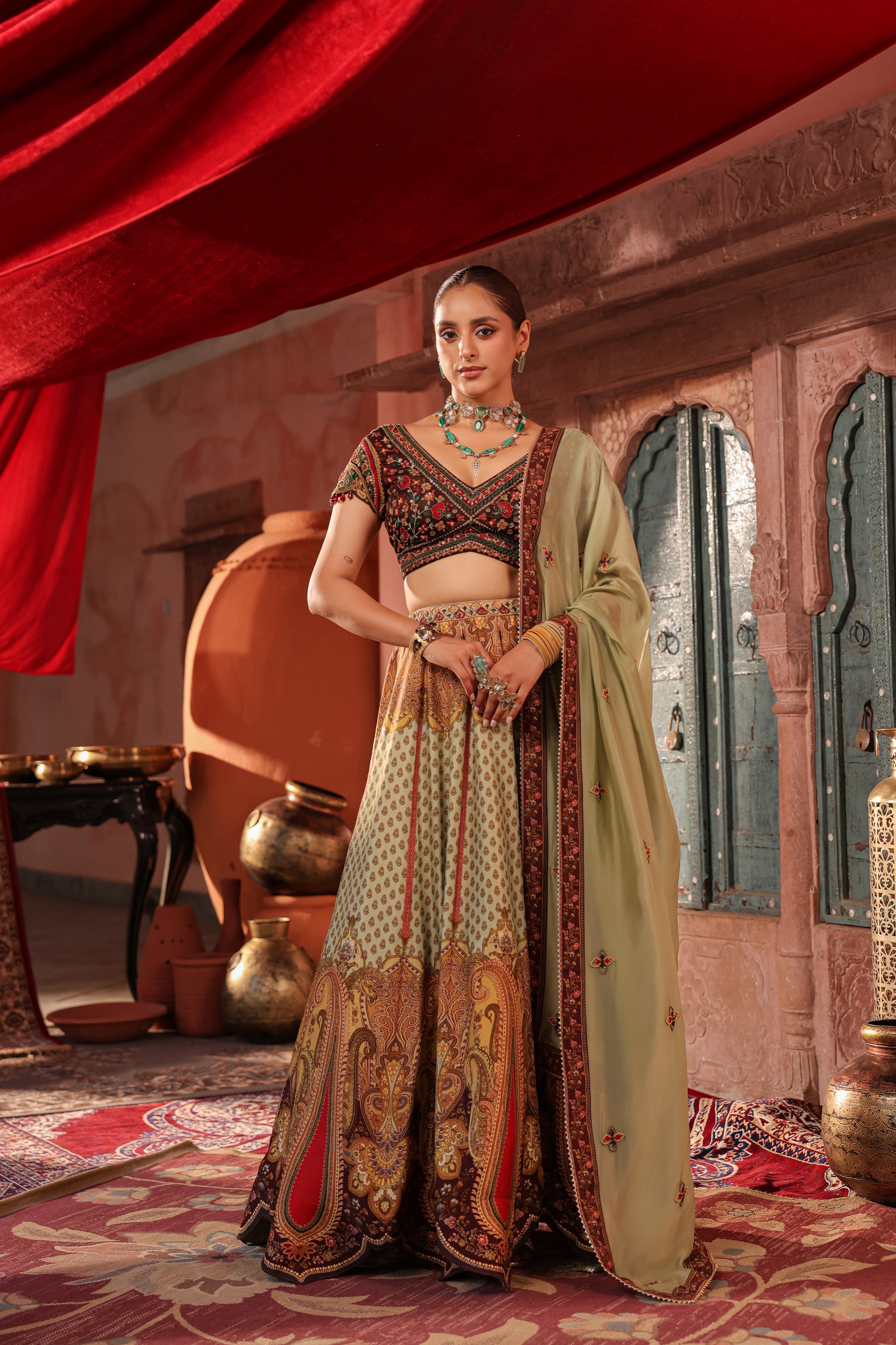 Sage Green Embellished Raw Silk Lehenga Set
