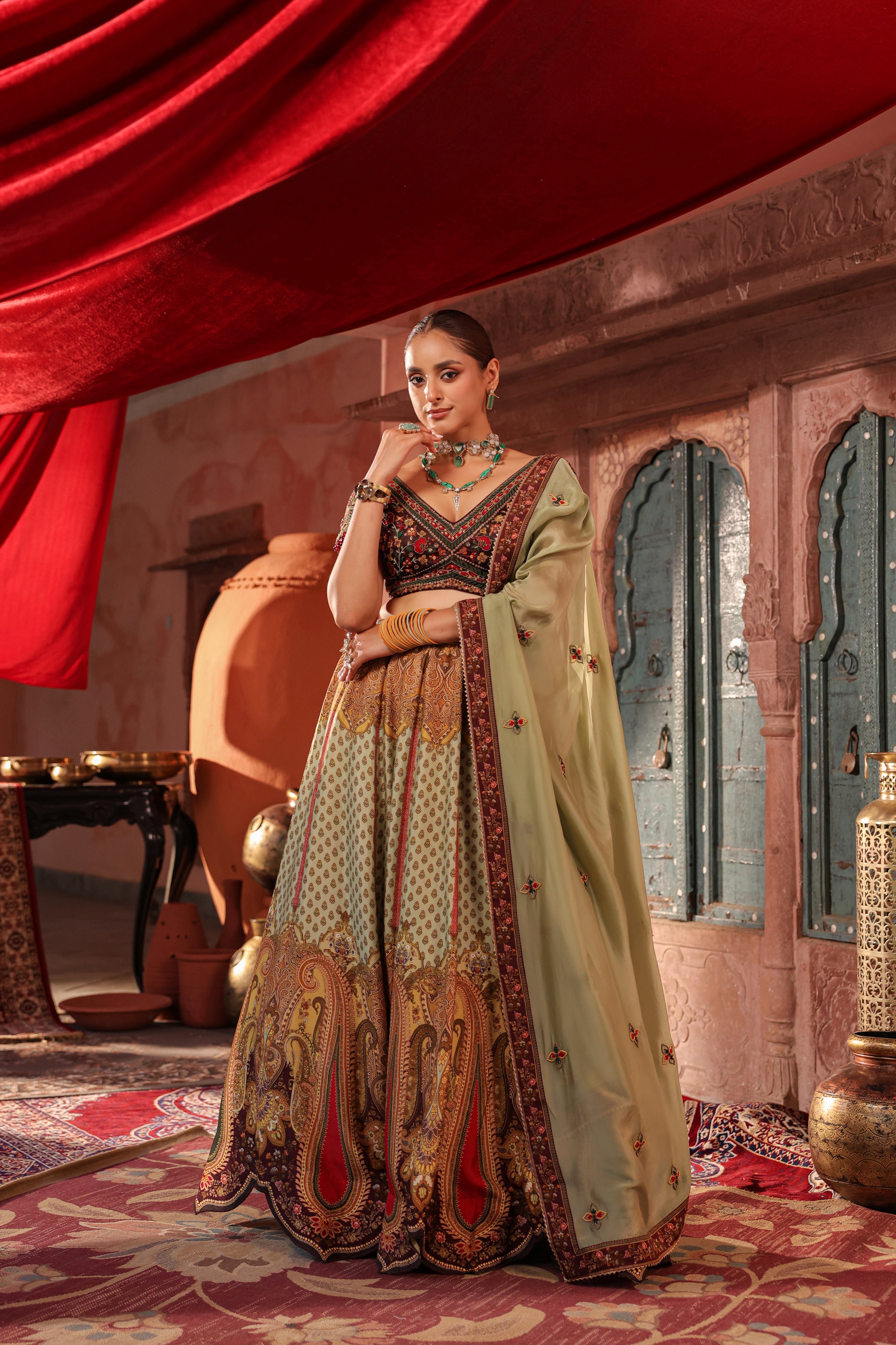 Sage Green Embellished Raw Silk Lehenga Set