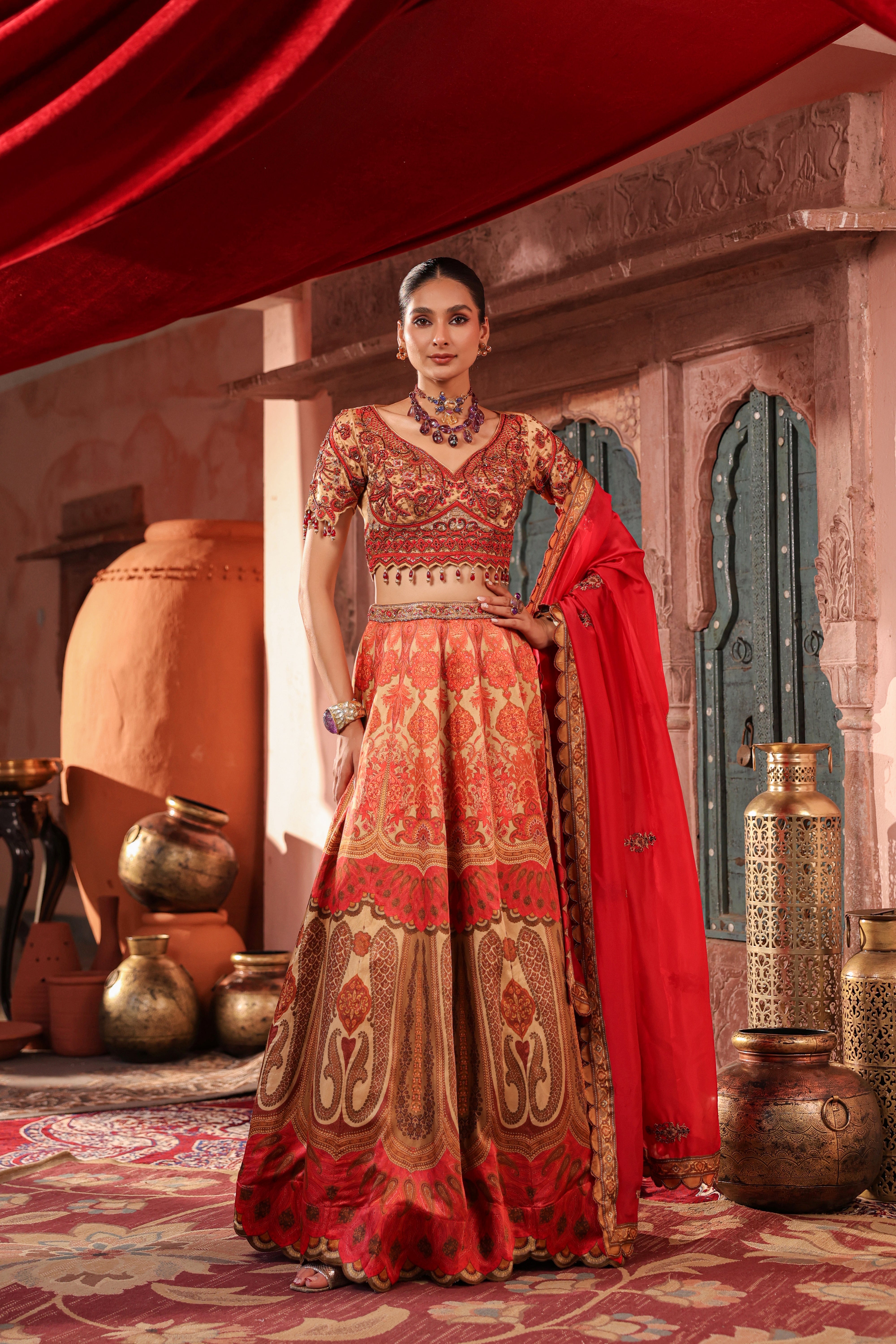 Coral Gold Embellished Raw Silk Lehenga Set