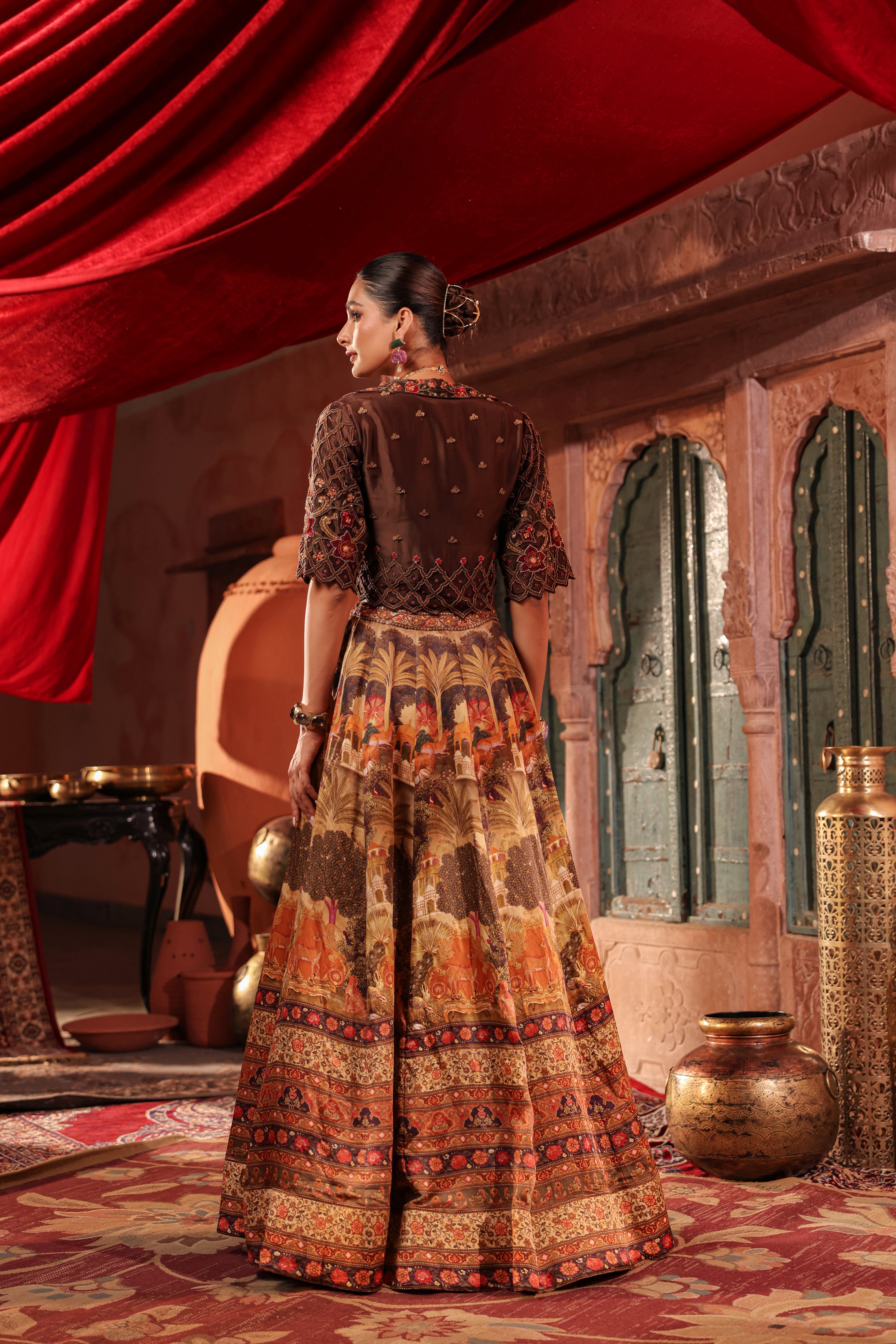 Deep Brown Embellished Raw Silk Lehenga Set