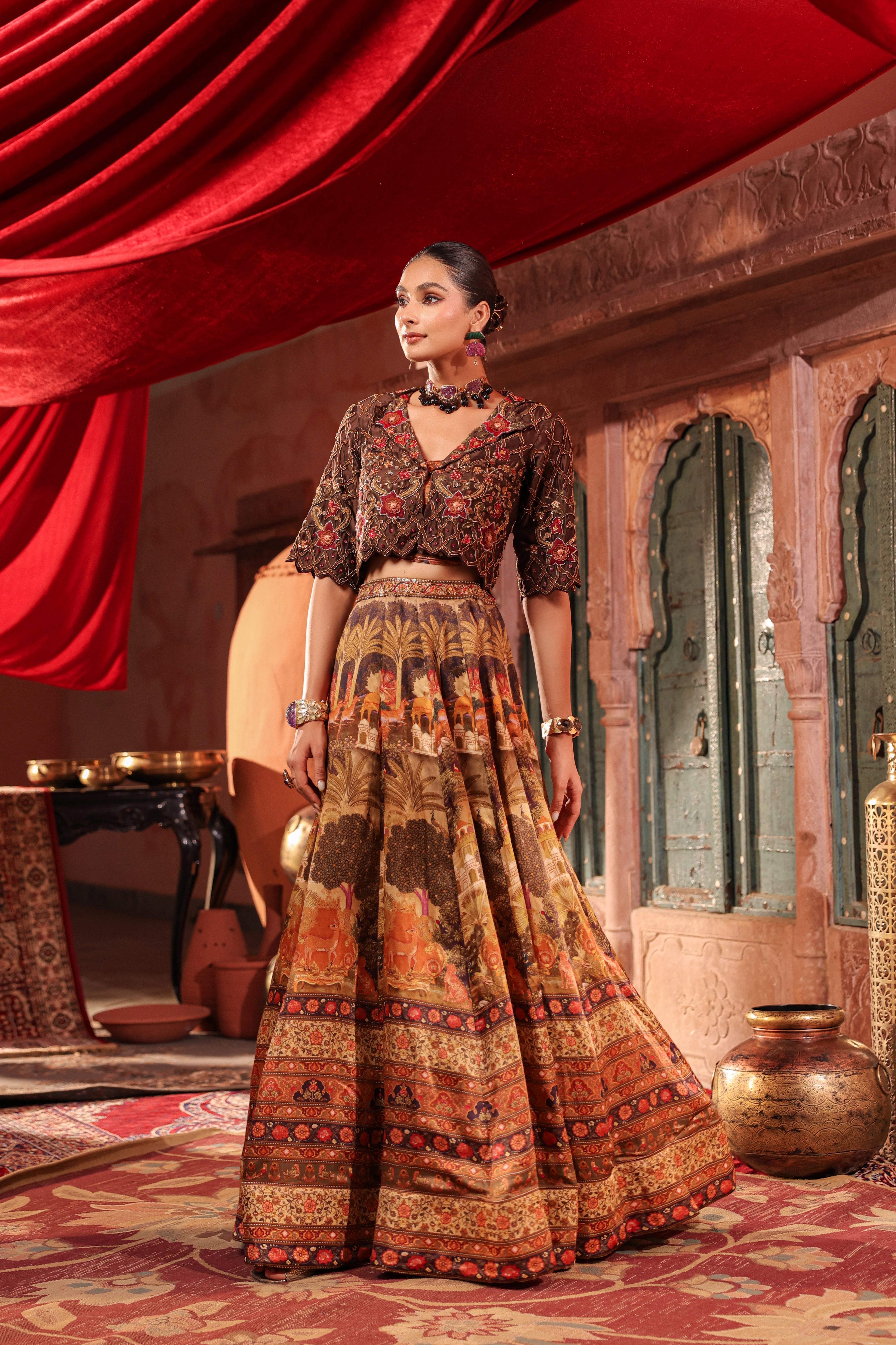 Deep Brown Embellished Raw Silk Lehenga Set