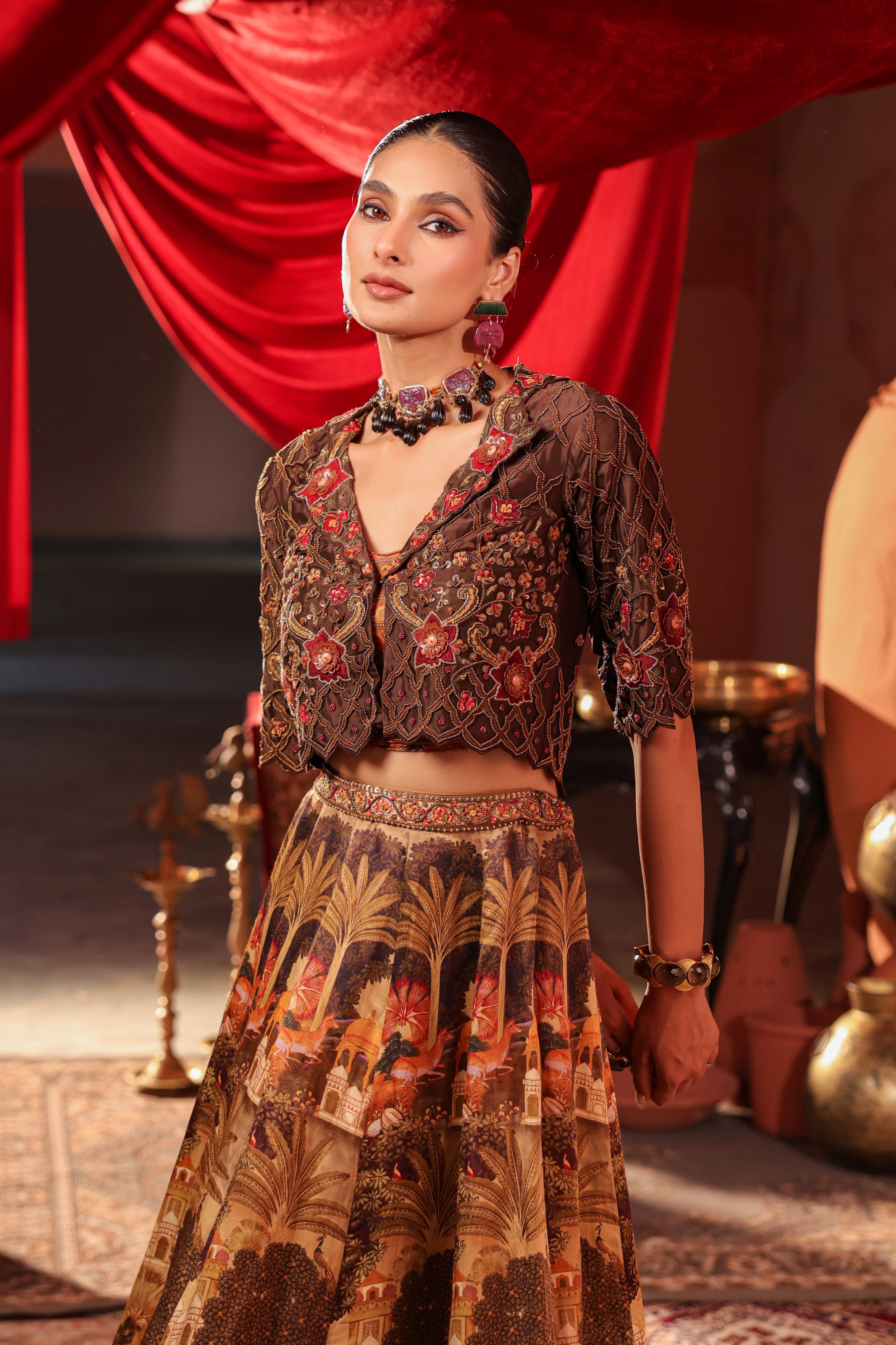 Deep Brown Embellished Raw Silk Lehenga Set