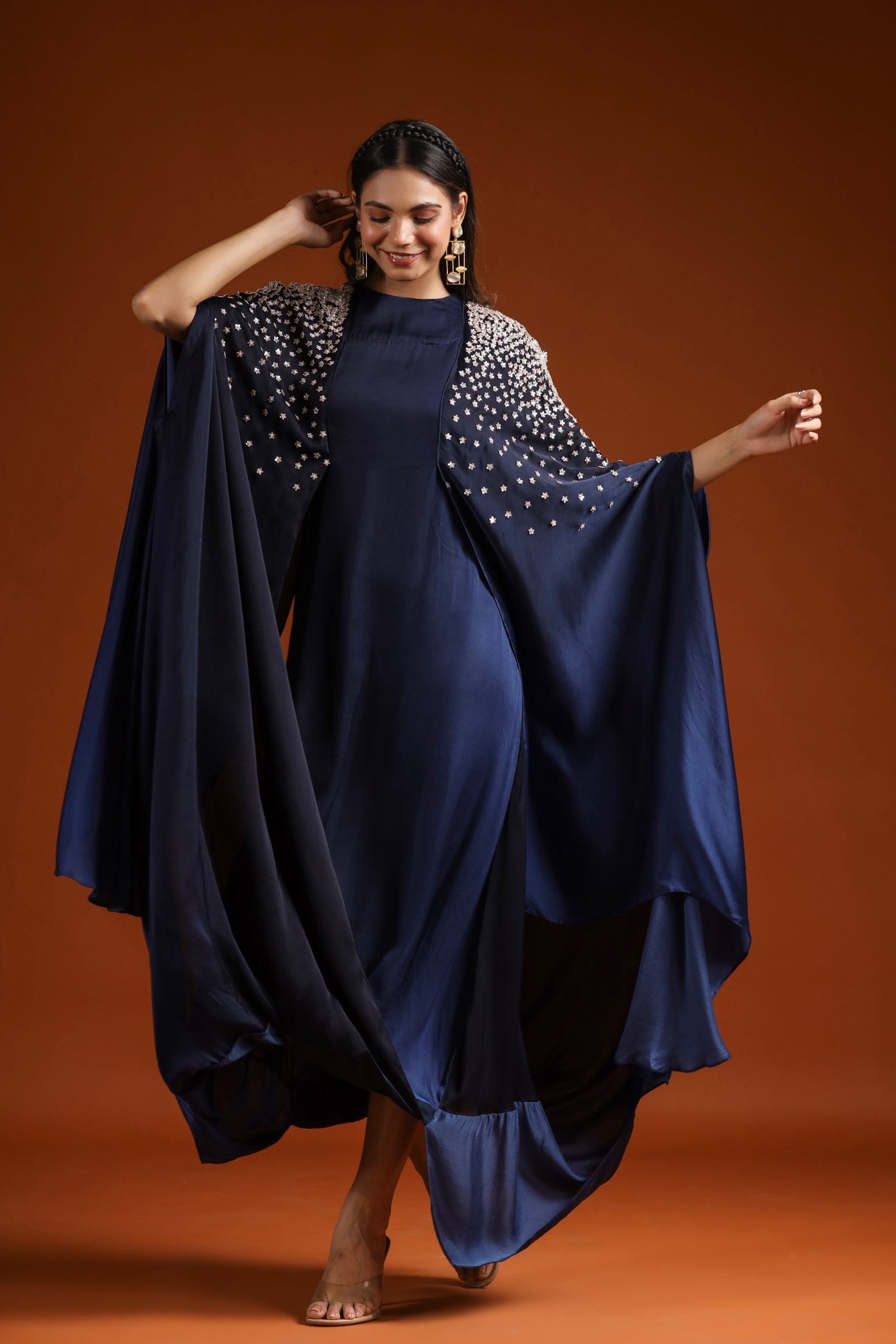 Navy Blue Embellished Draped Gown