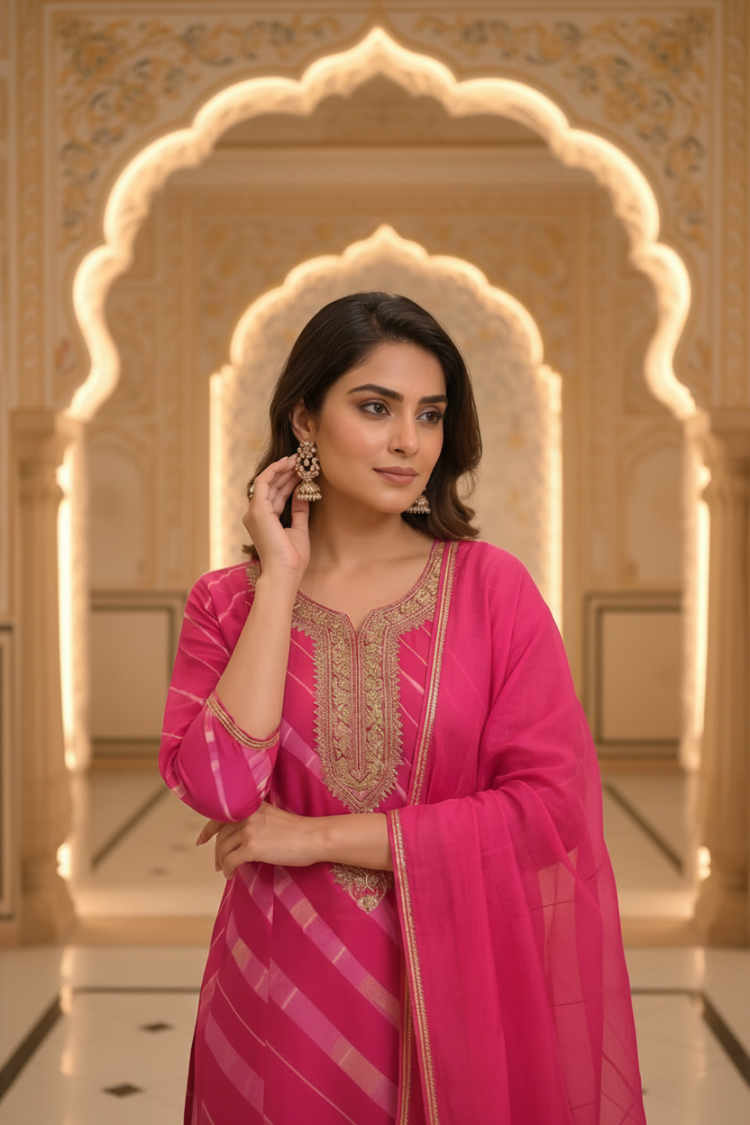 Rani Pink Leheriya Mul Chanderi Silk Suit Set