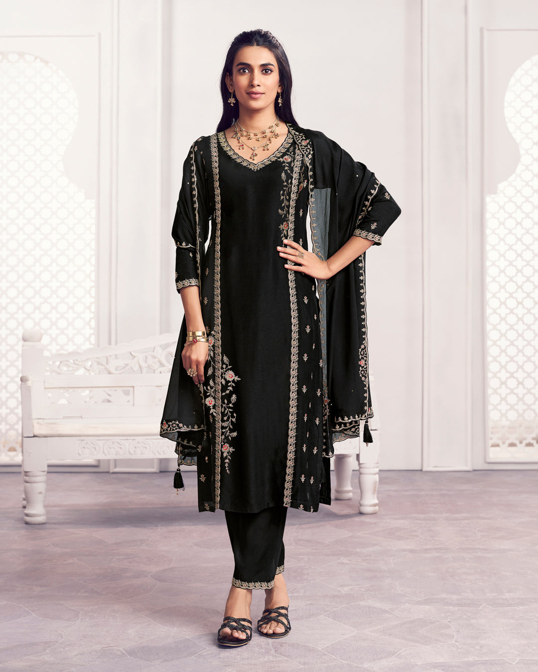 Obsidian Charm Embellished Dola Silk Pant Set