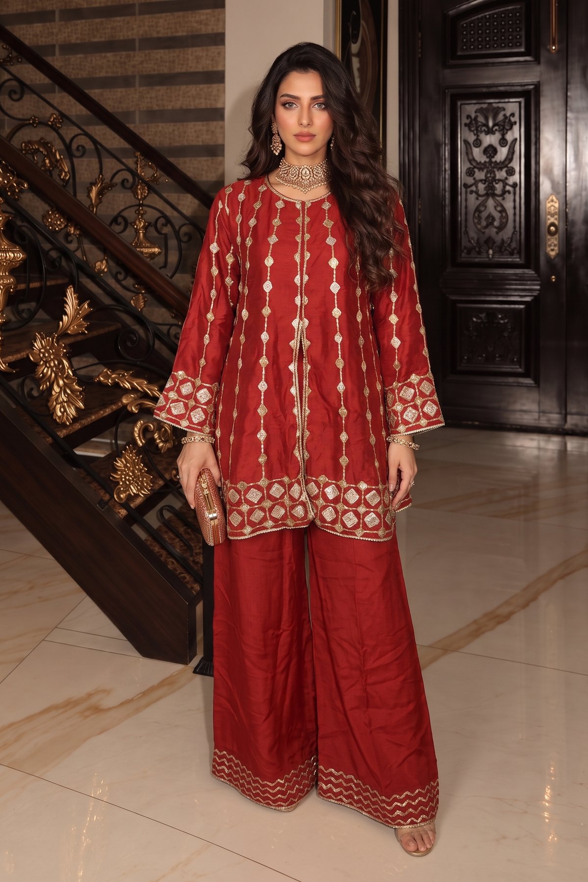 Rust Royale Embellished Raw Silk Palazzo Set