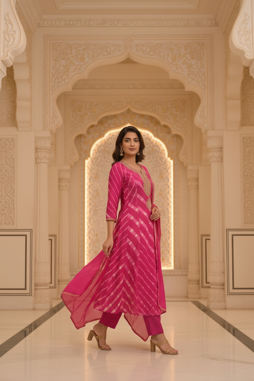 Rani Pink Leheriya Mul Chanderi Silk Suit Set