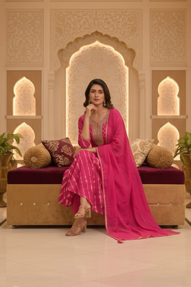 Rani Pink Leheriya Mul Chanderi Silk Suit Set