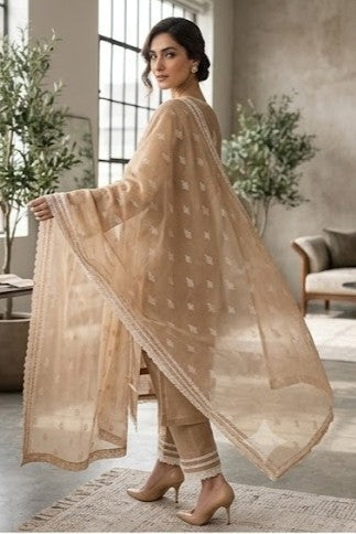 Beige Embroidered Mul Chanderi Silk Pant Set