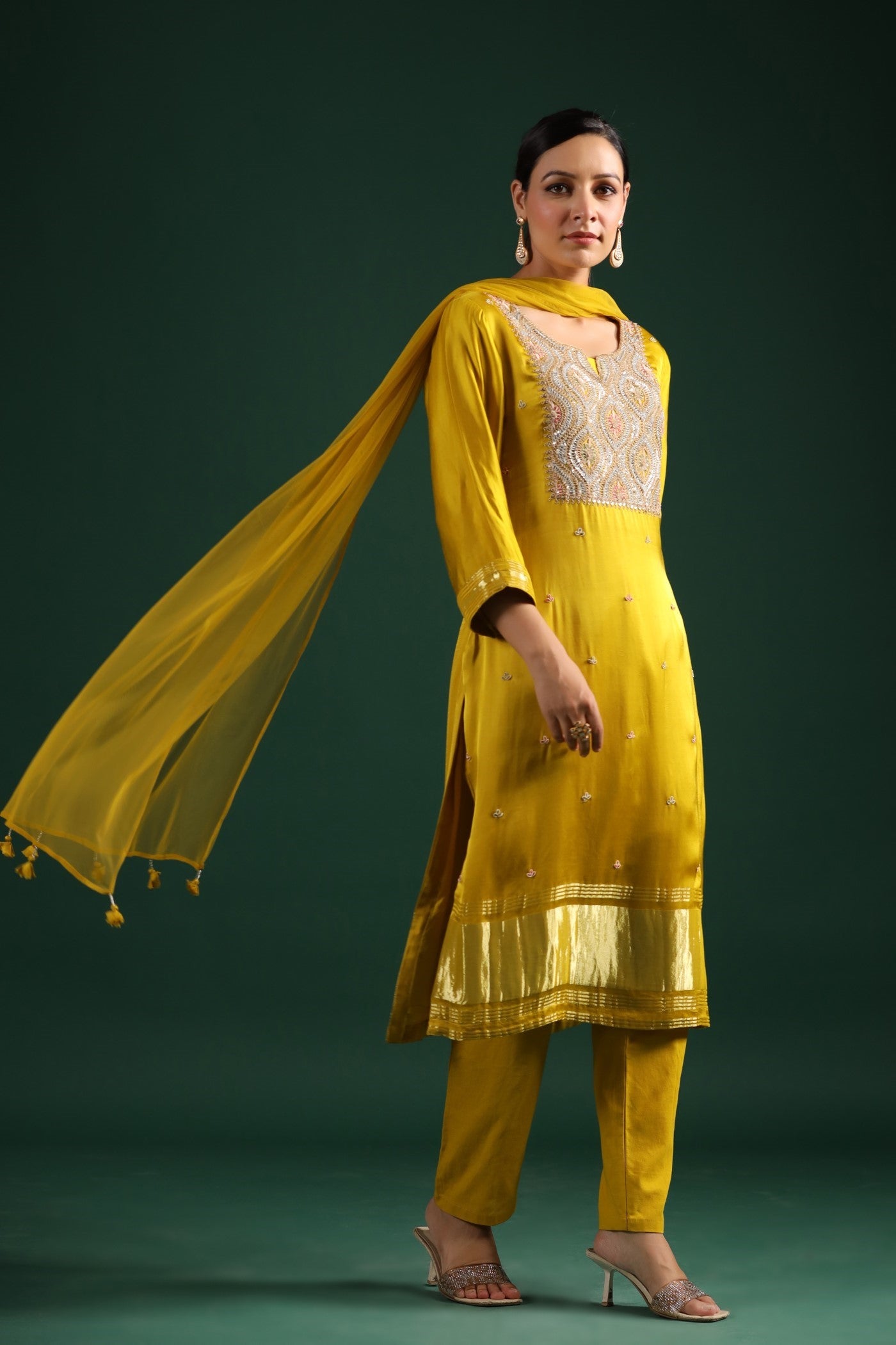 Yellow Zari Embroidered Gajji Silk Kurta Set