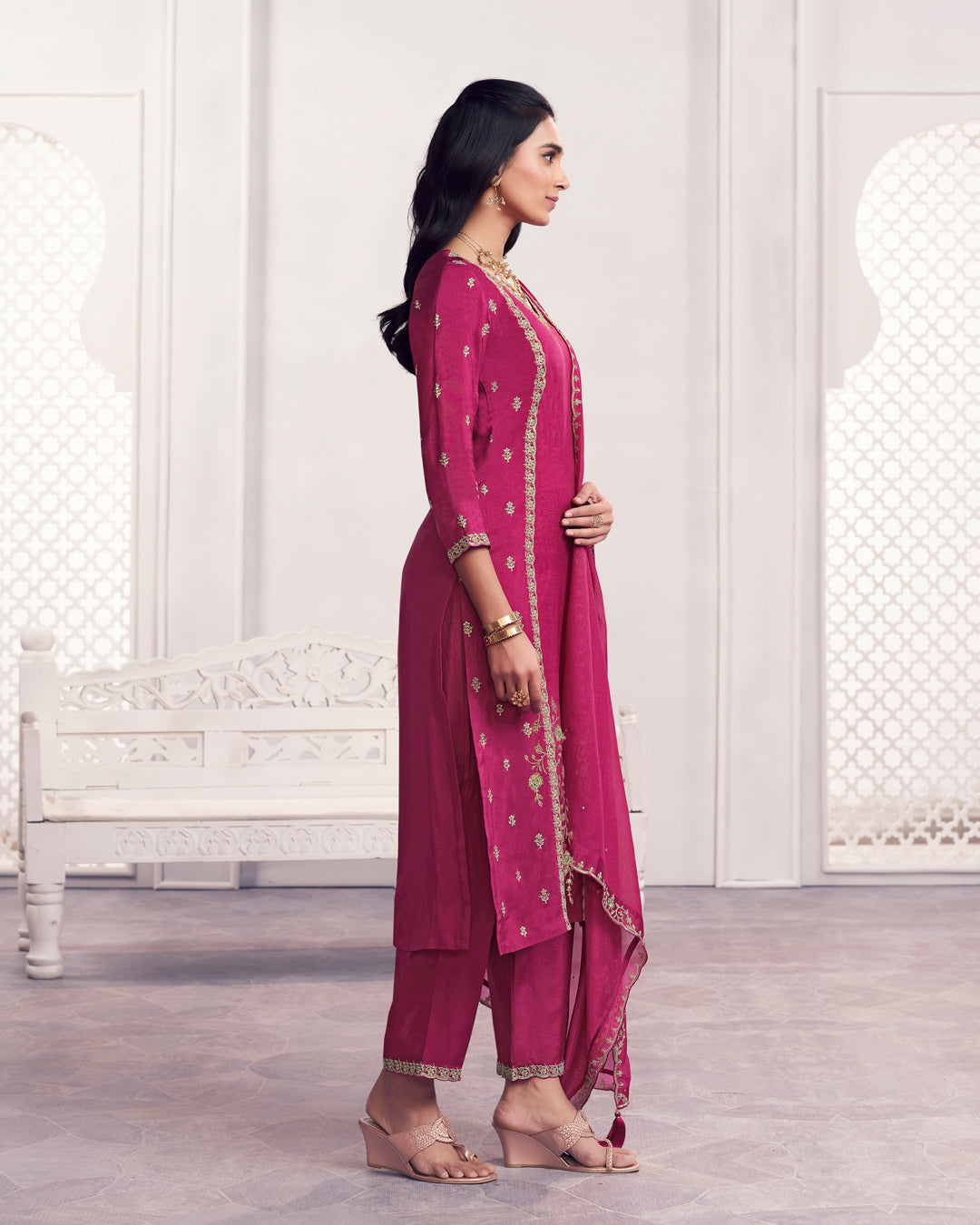 Ruby Charm Embellished Dola Silk Pant Set