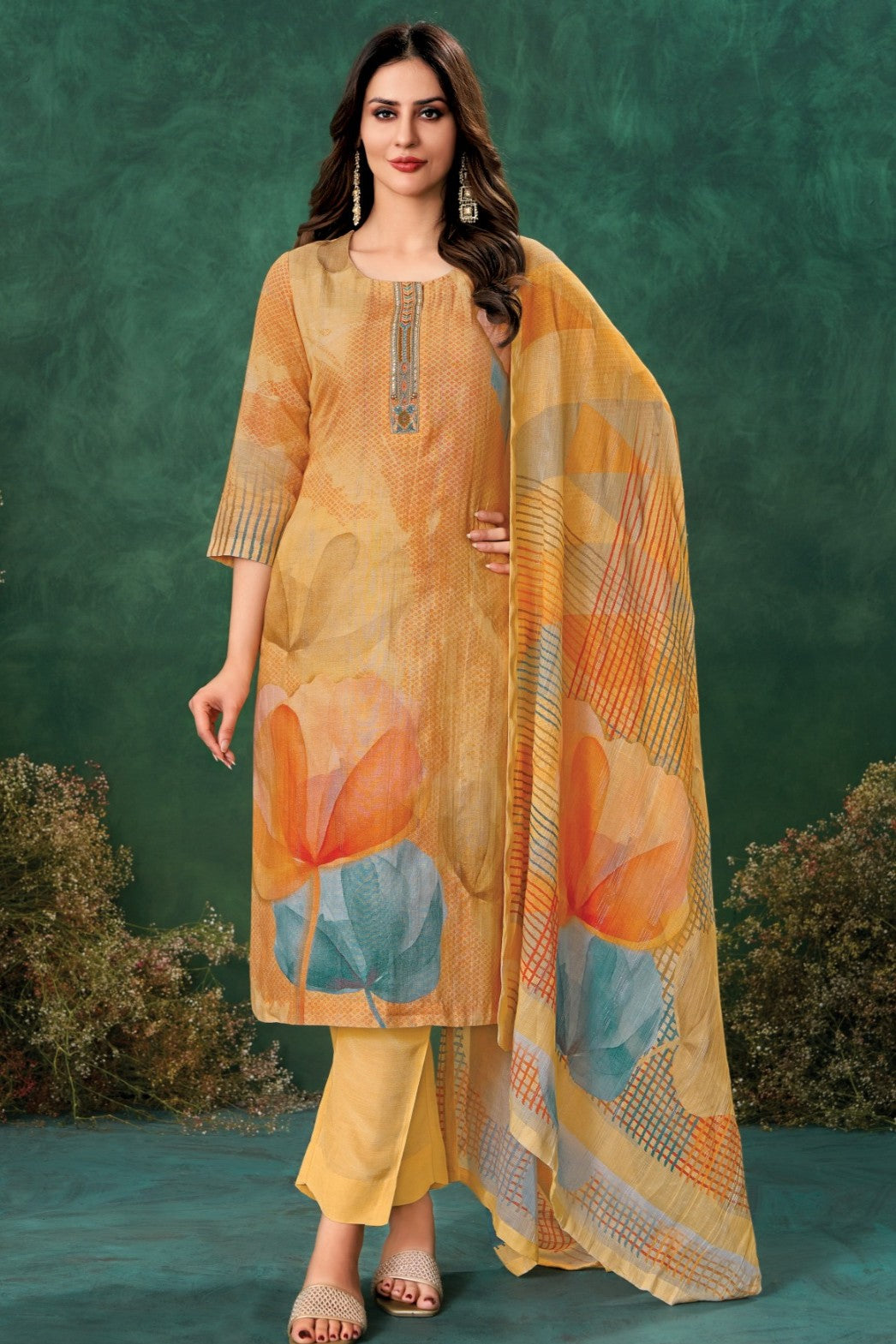 Multi Yellow Graphic Printed Linen Silk Pant Set