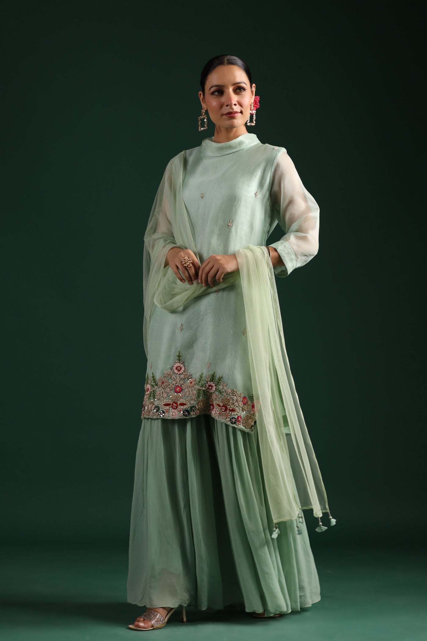 Mint Green Embroidered Sharara Set
