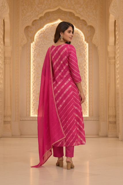 Rani Pink Leheriya Mul Chanderi Silk Suit Set