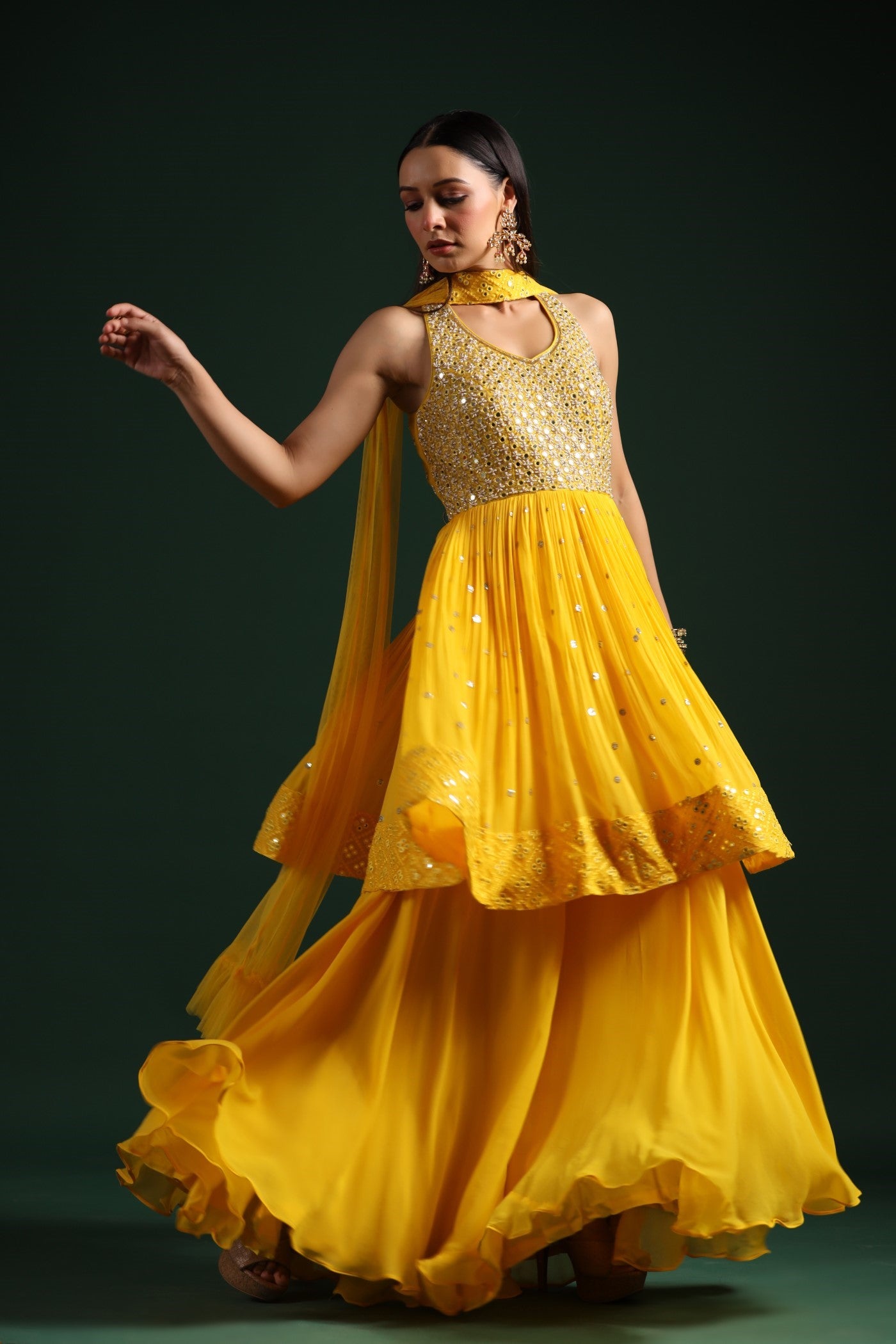 Festive Yellow Mirror Embroidered Peplum Set