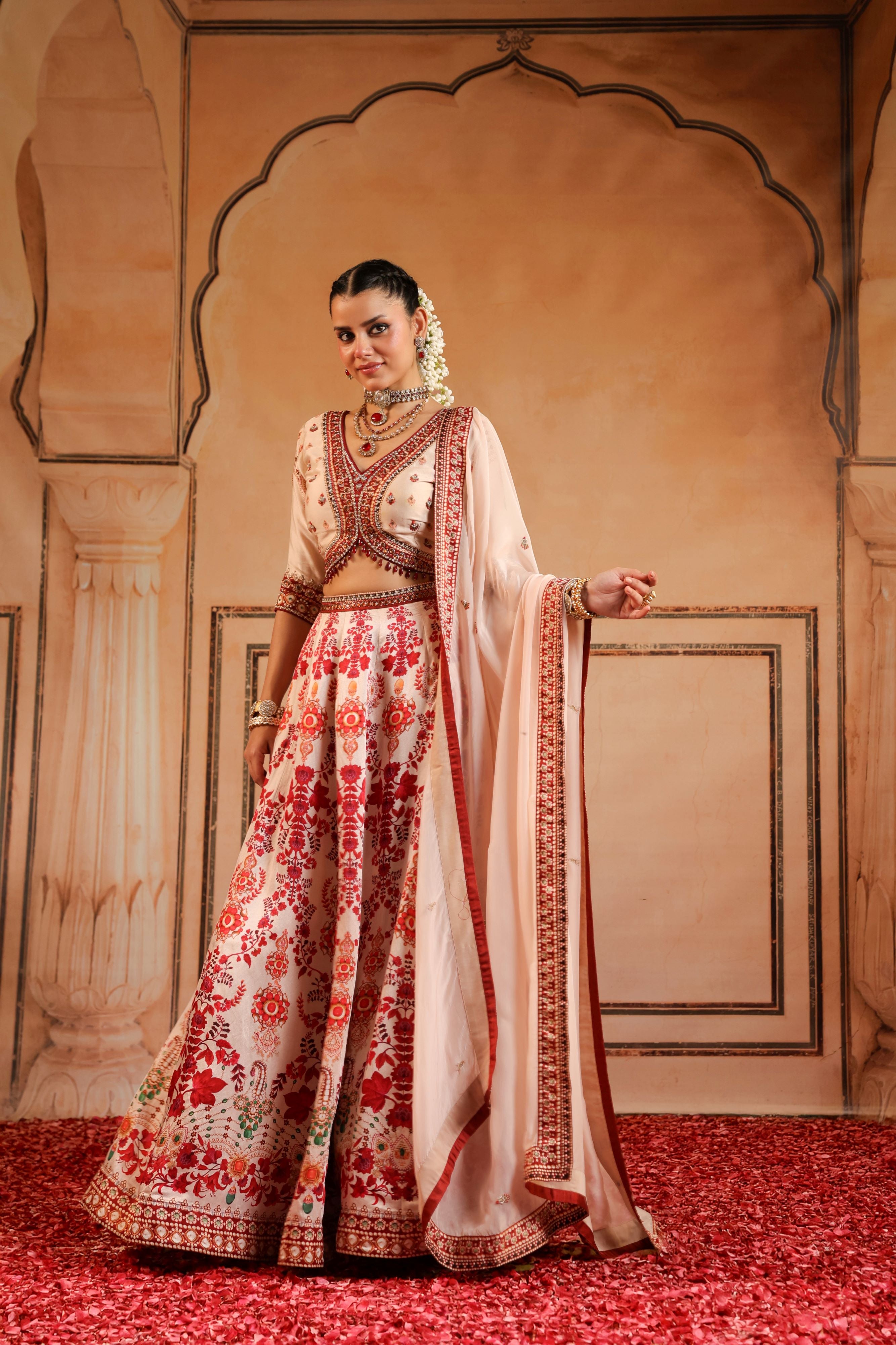 Peachy Pink Embellished Linen Satin Lehenga Set