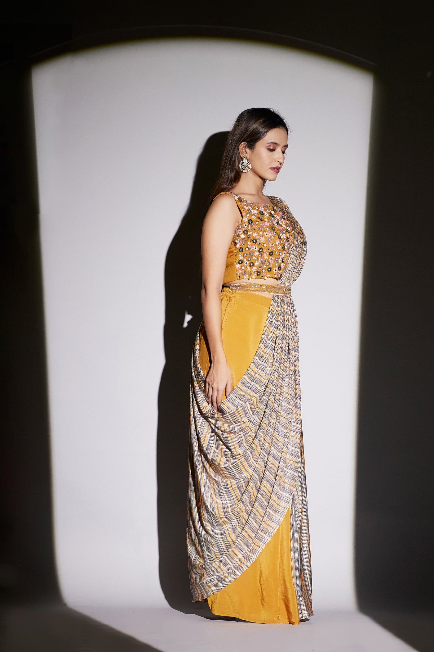 Mustard Floral Embroidered Pure Crepe Draped Saree