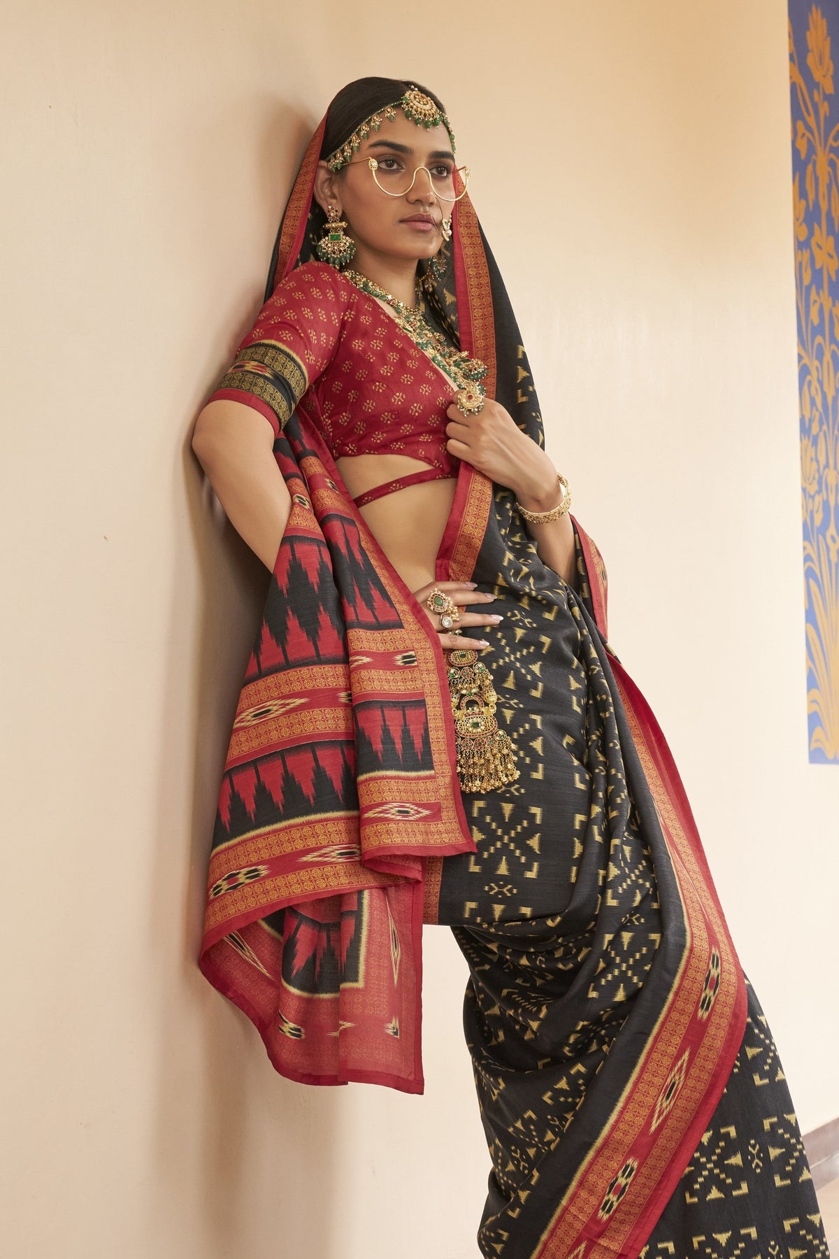 Charcoal Black Printed Premium Silk Saree