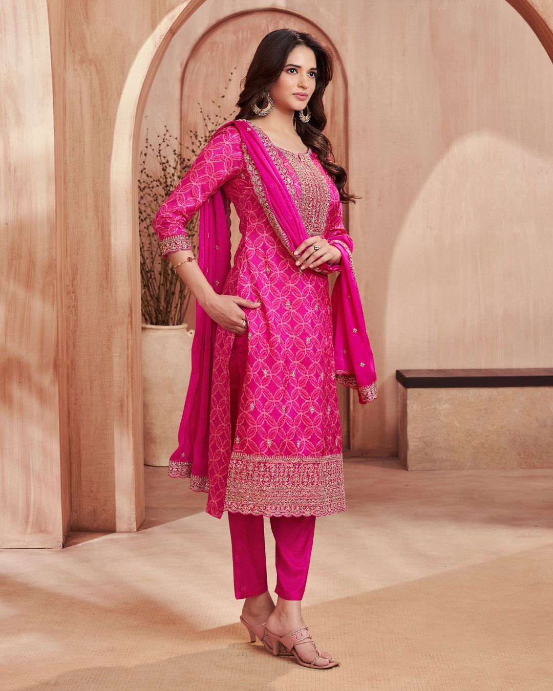 Fuchsia Regal Embellished Dola Silk Pant Set