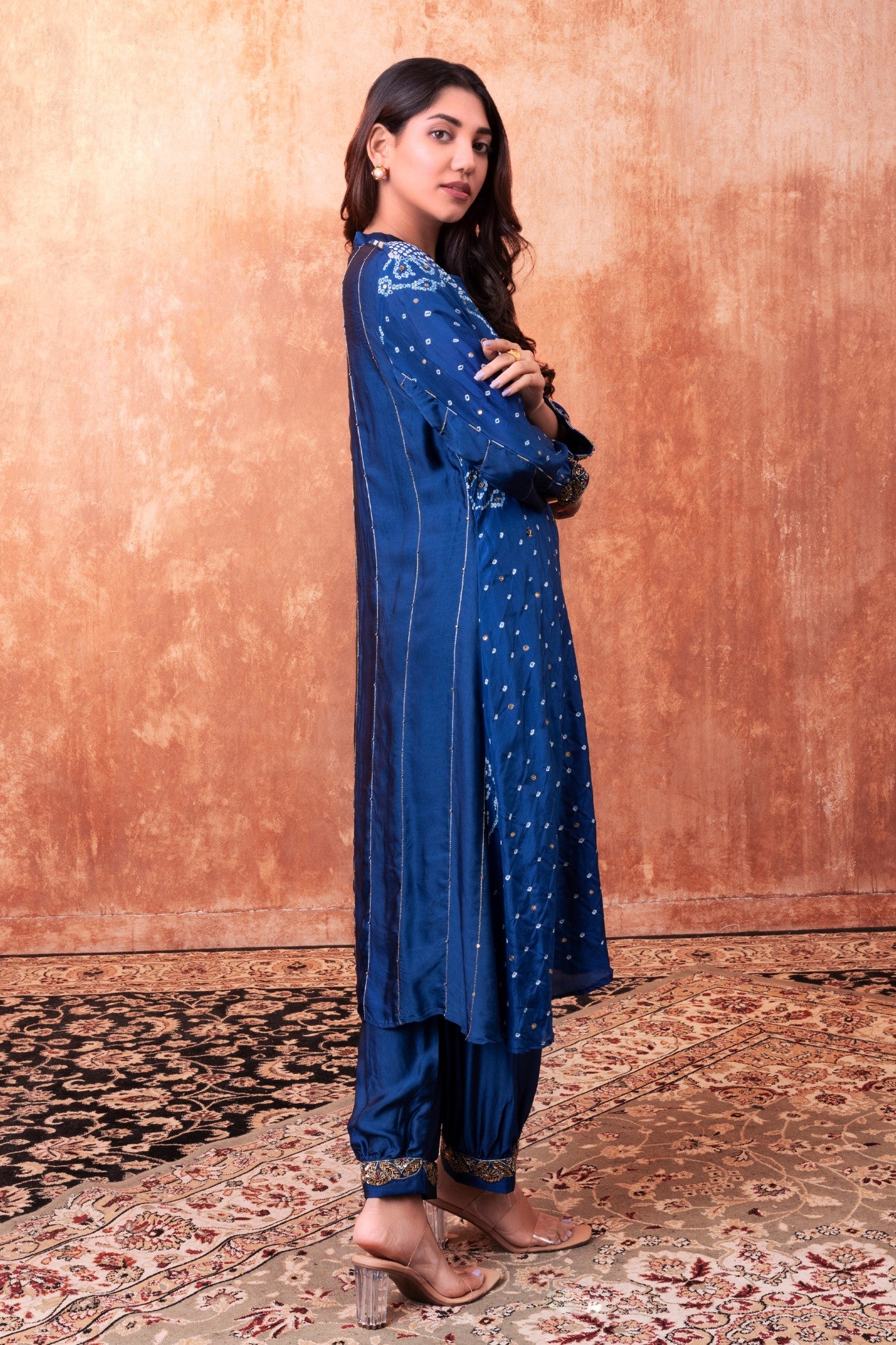 Navy Blue Bandhej Printed Embellished Kurta Set
