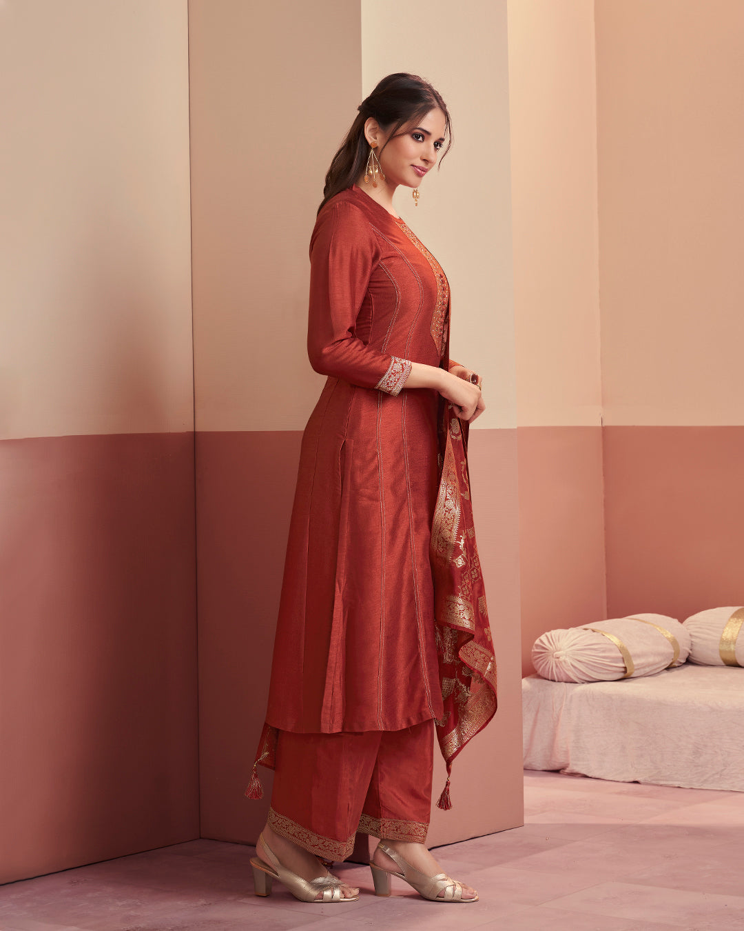 Crimson Royale Embellished Vichitra Silk Pant Set