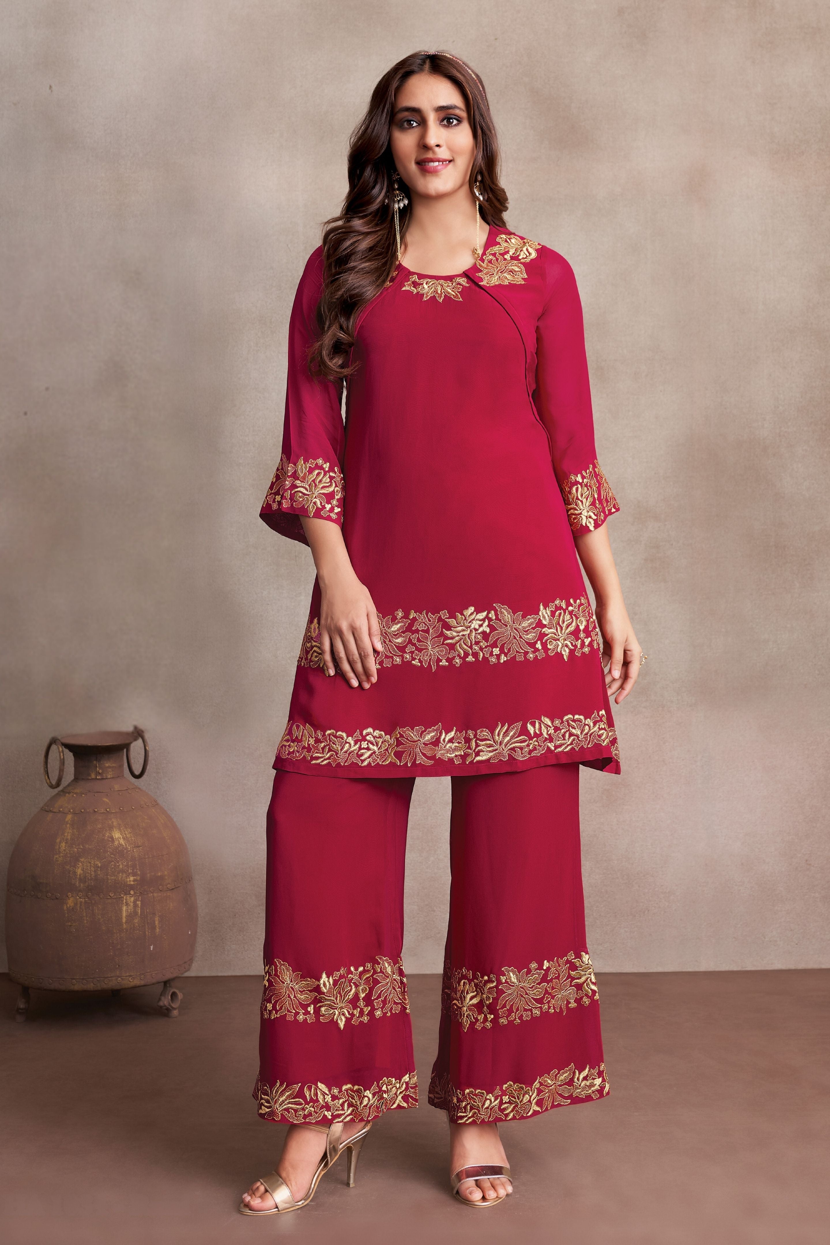 Premium Red Embroidered Georgette Kurta & Palazzo Set