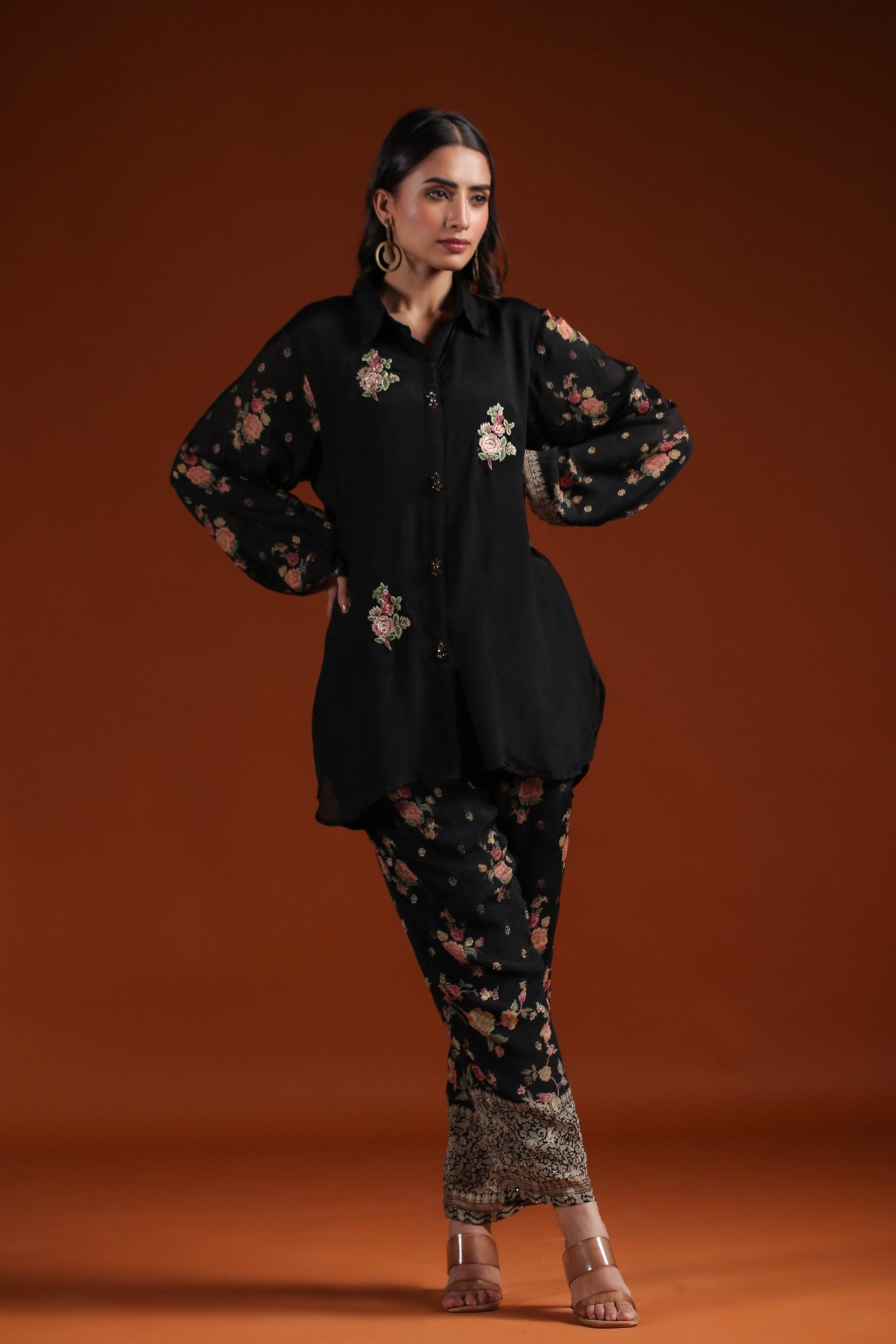 Black Floral Chinon Silk Co-ord Set