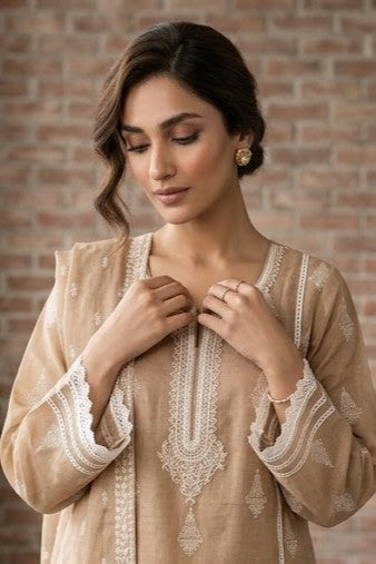 Beige Embroidered Mul Chanderi Silk Pant Set