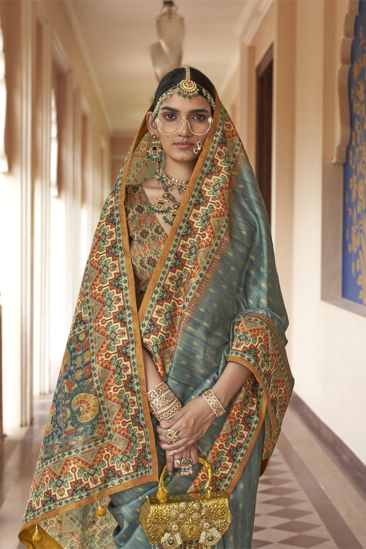 Steel Blue Printed Premium Silk Saree