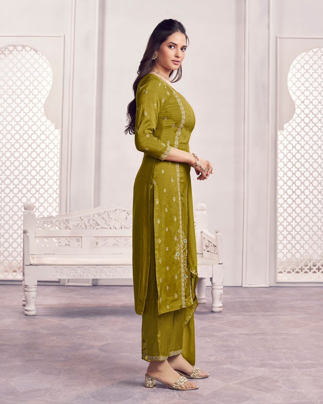 Sage Charm Embellished Dola Silk Pant Set