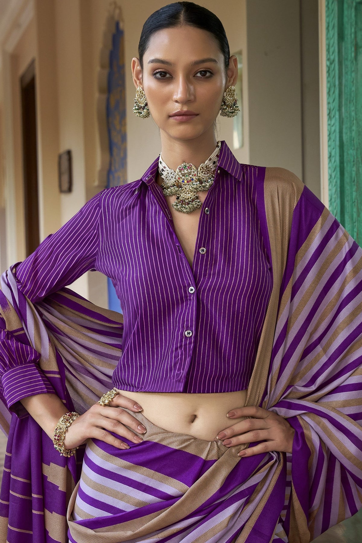 Royal Violet Printed Crepe Silk Saree