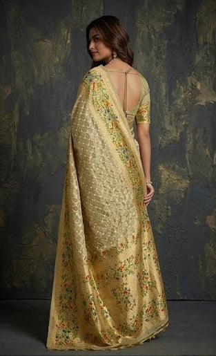 Beige Gold Bandhej Printed Premium Silk Saree