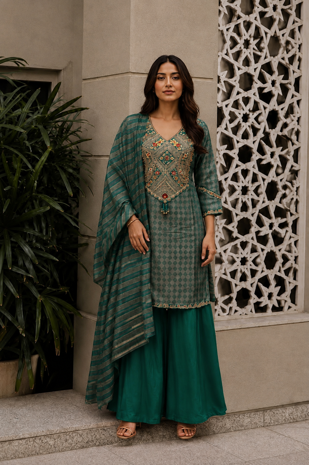 Green Muse Embellished Shimmer Tissue Silk Palazzo Set