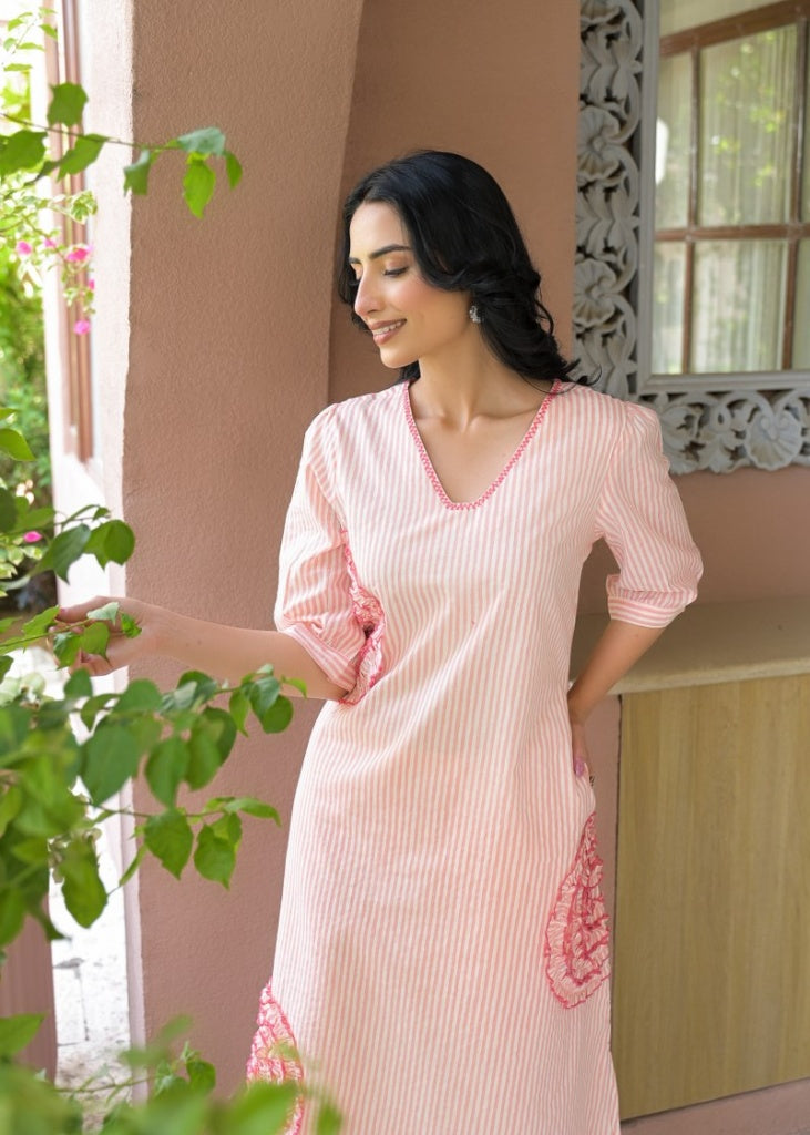 Peach & White Printed Cotton Kurta Set