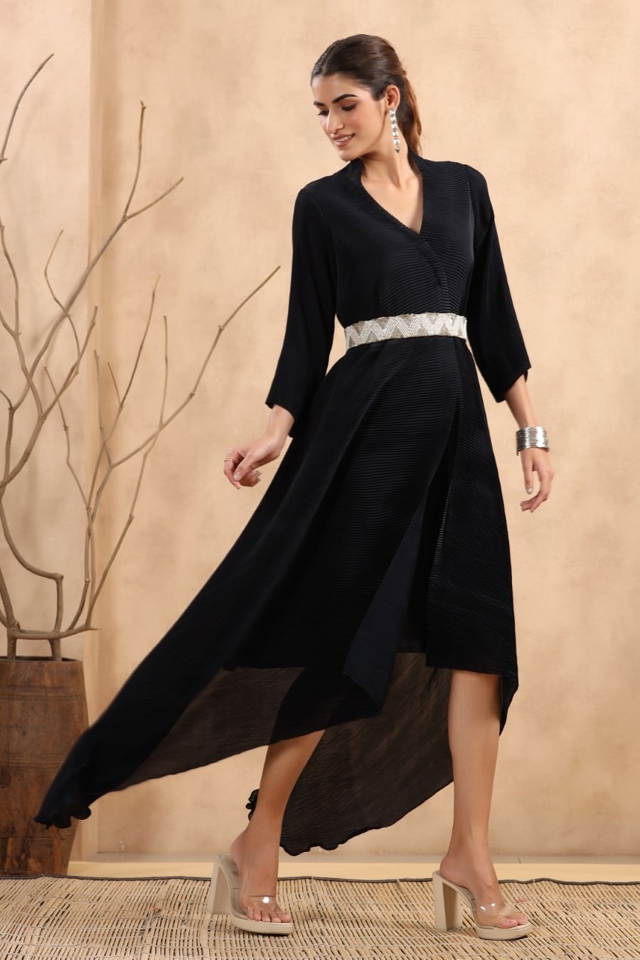 Deep Blue Pleated Asymmetrical Dress