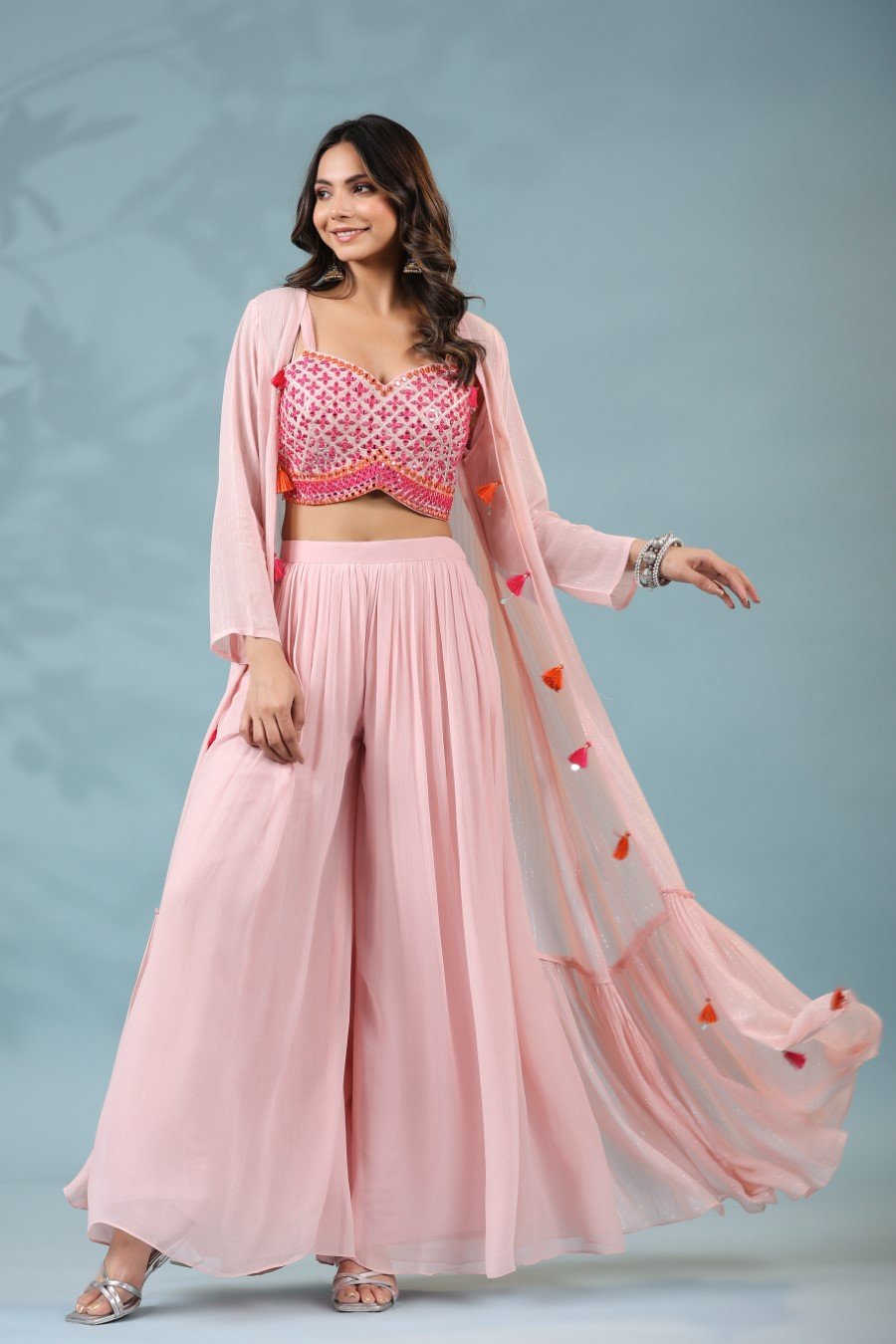 Soft Pink Embellished Palazzo Set with Cape
