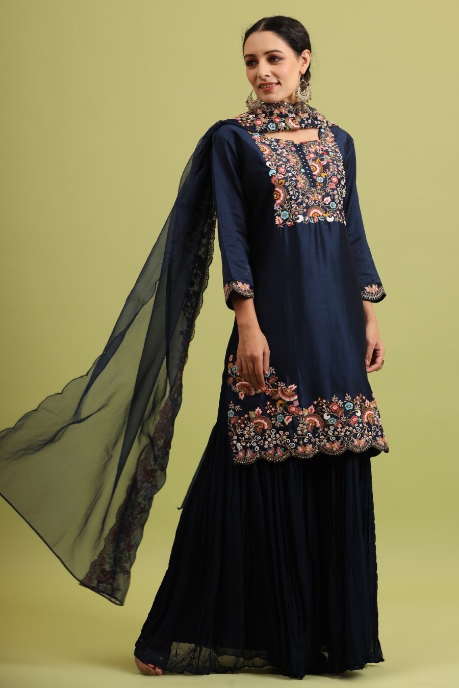 Navy Blue Modal Chanderi Embroidered Sharara Set