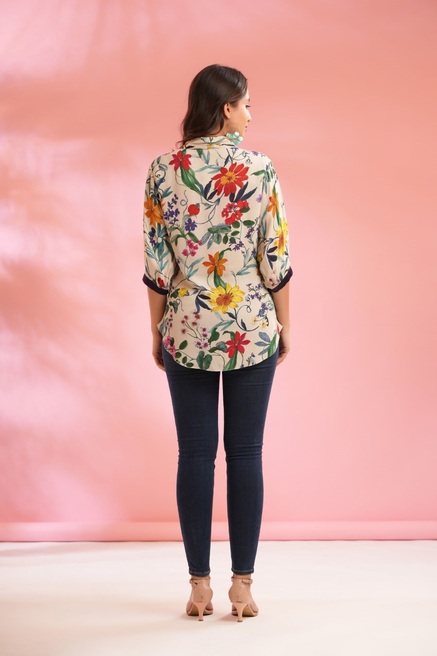 Cream Floral Printed Spanish Silk Top